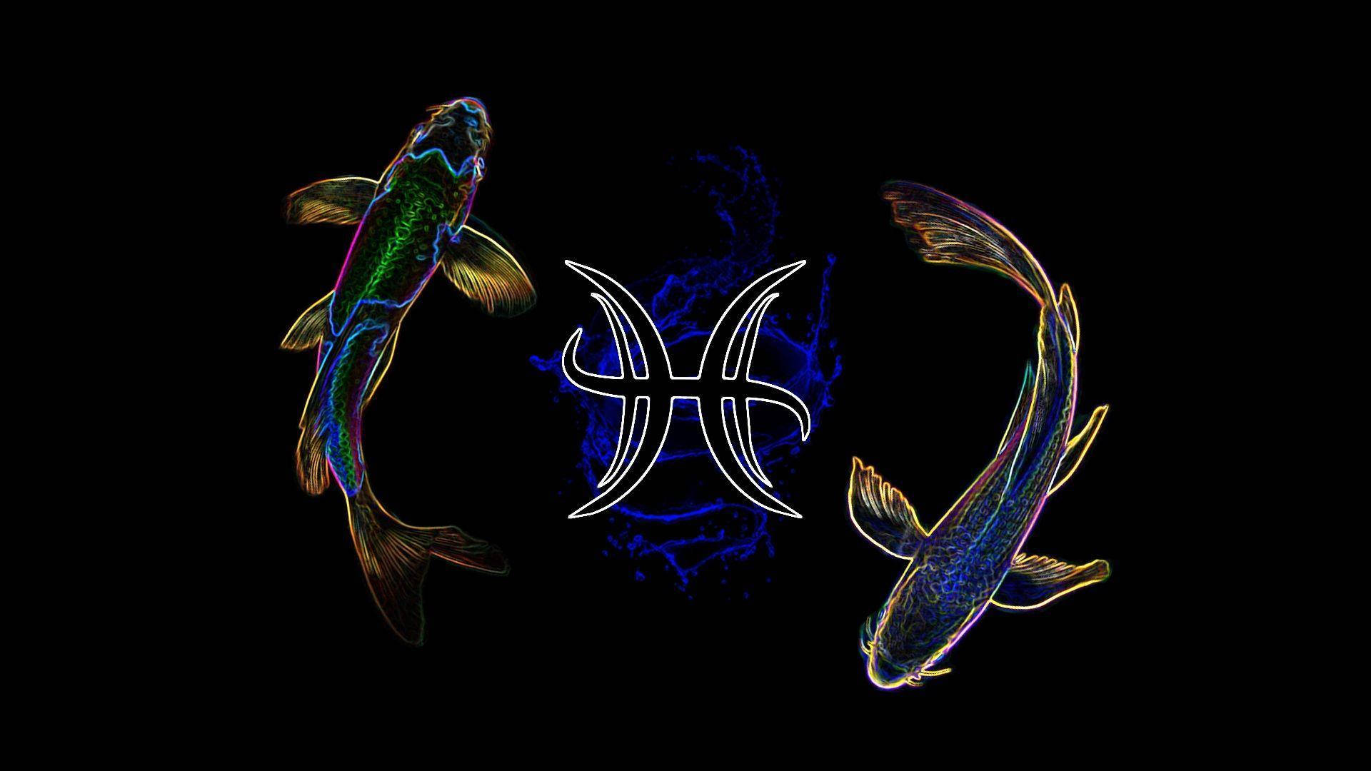 Neon Koi Fish Pisces Symbol Background