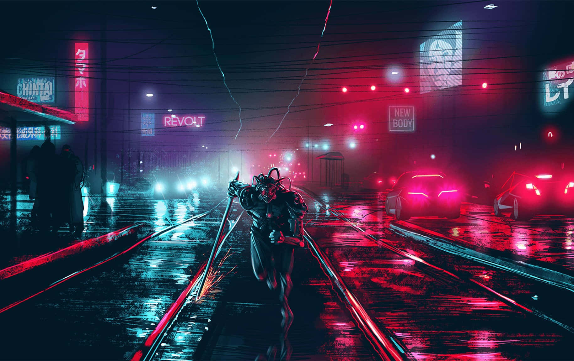 Neon Lights And Tech Accessories Light Up A Cyberpunk Laptop Background