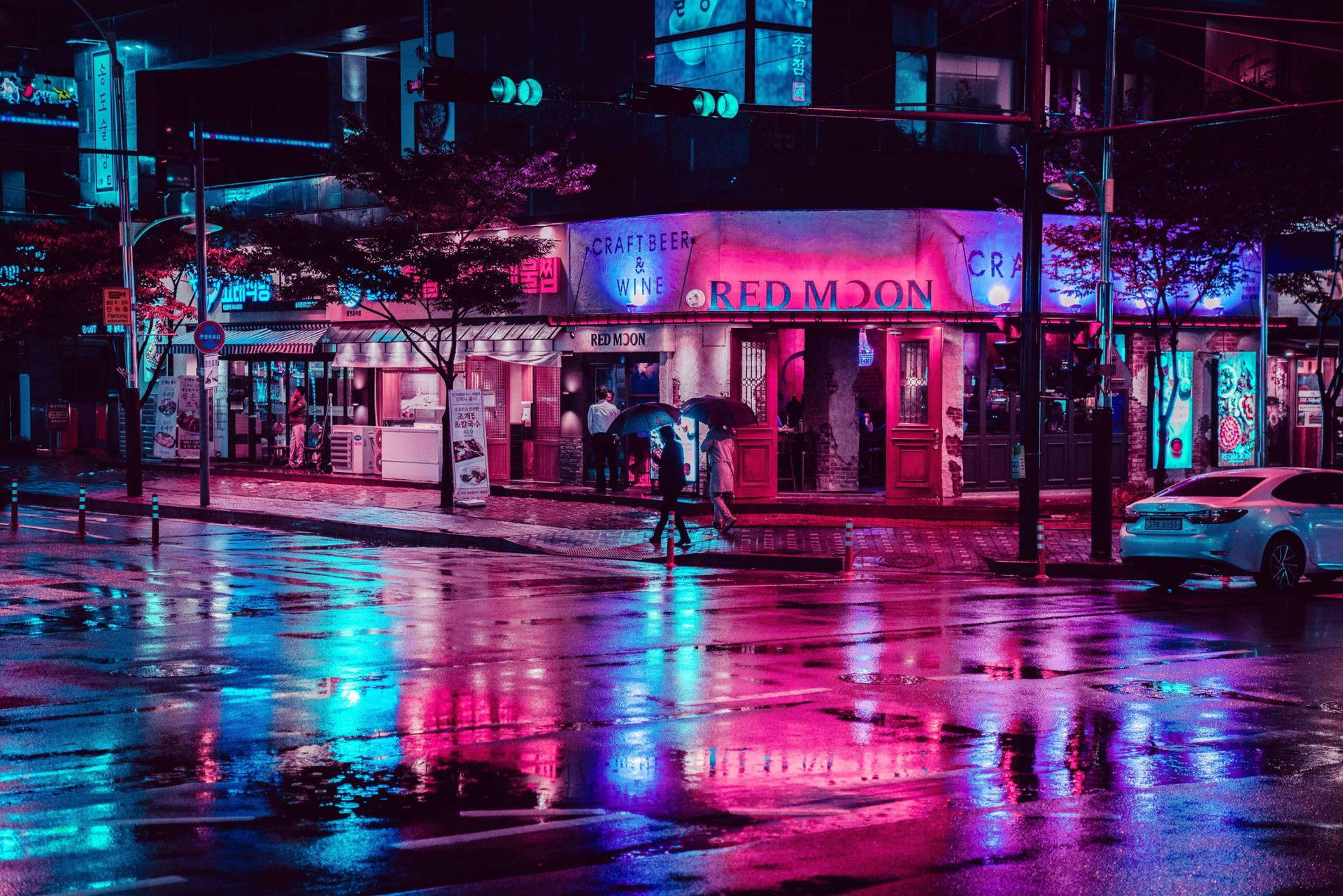 Neon Lights Damp Street Background