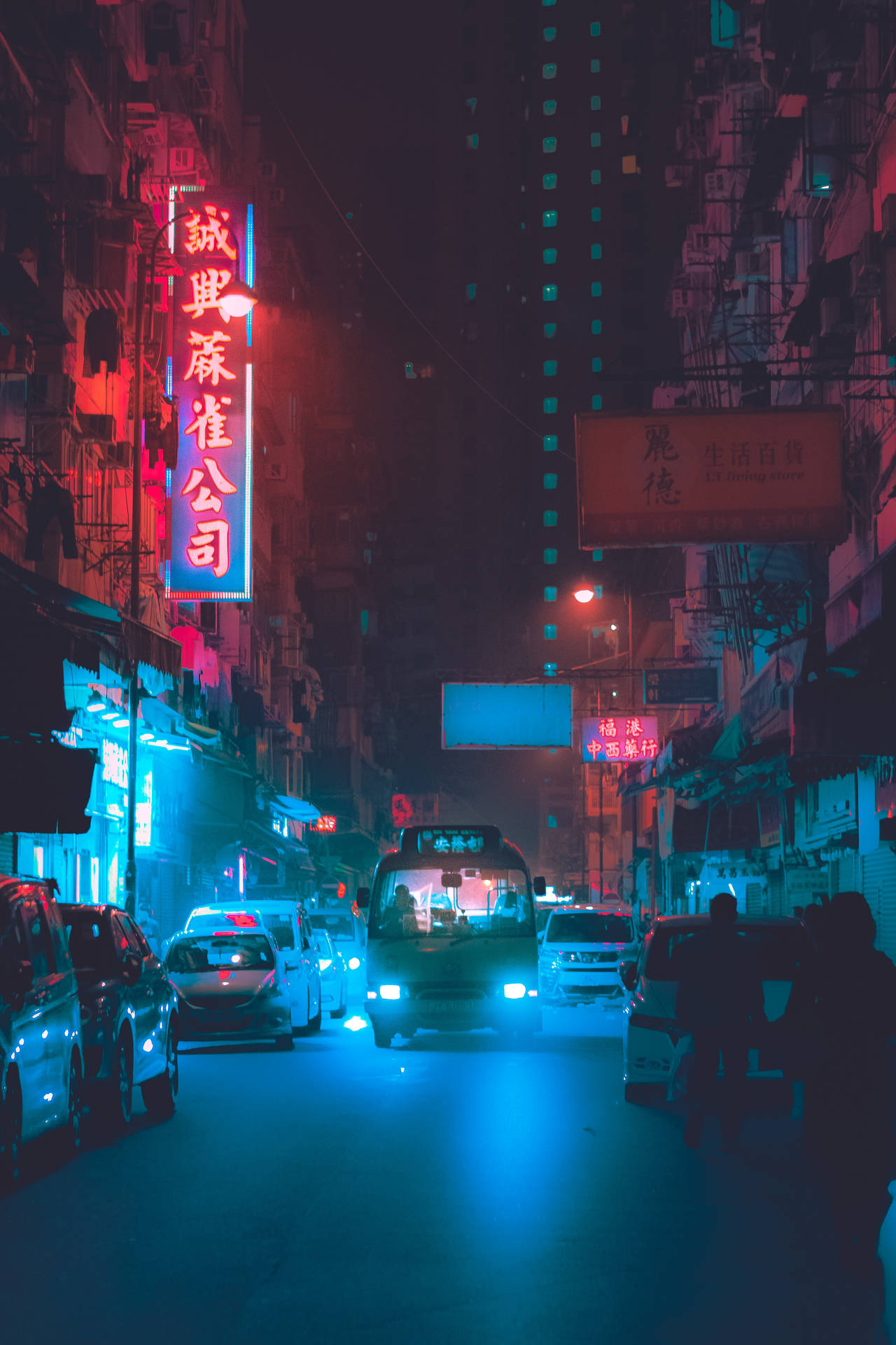 Neon Lights Road With Vehicles Background