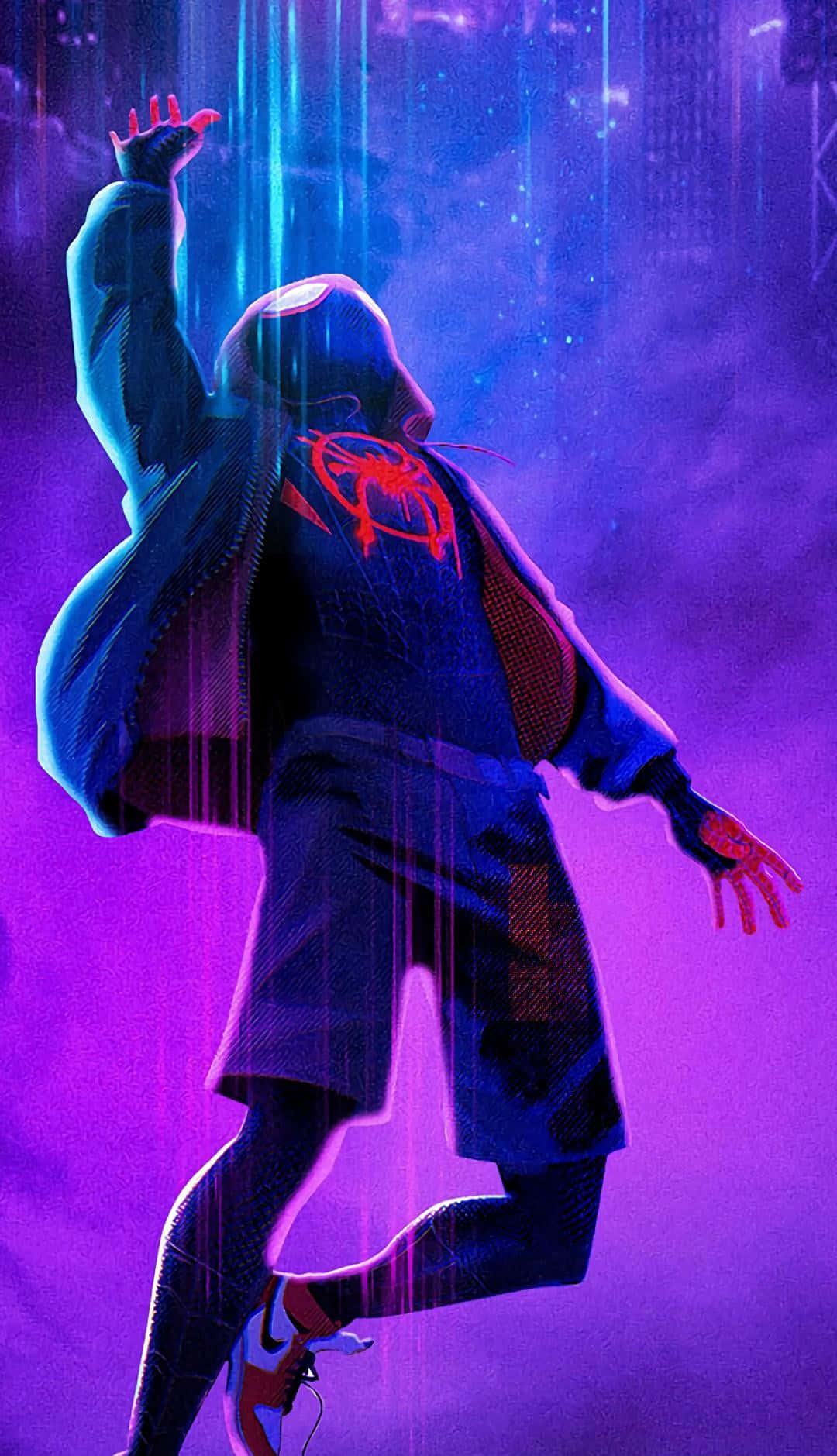 Neon Lights With Falling Spider Man Miles Morales Iphone Background
