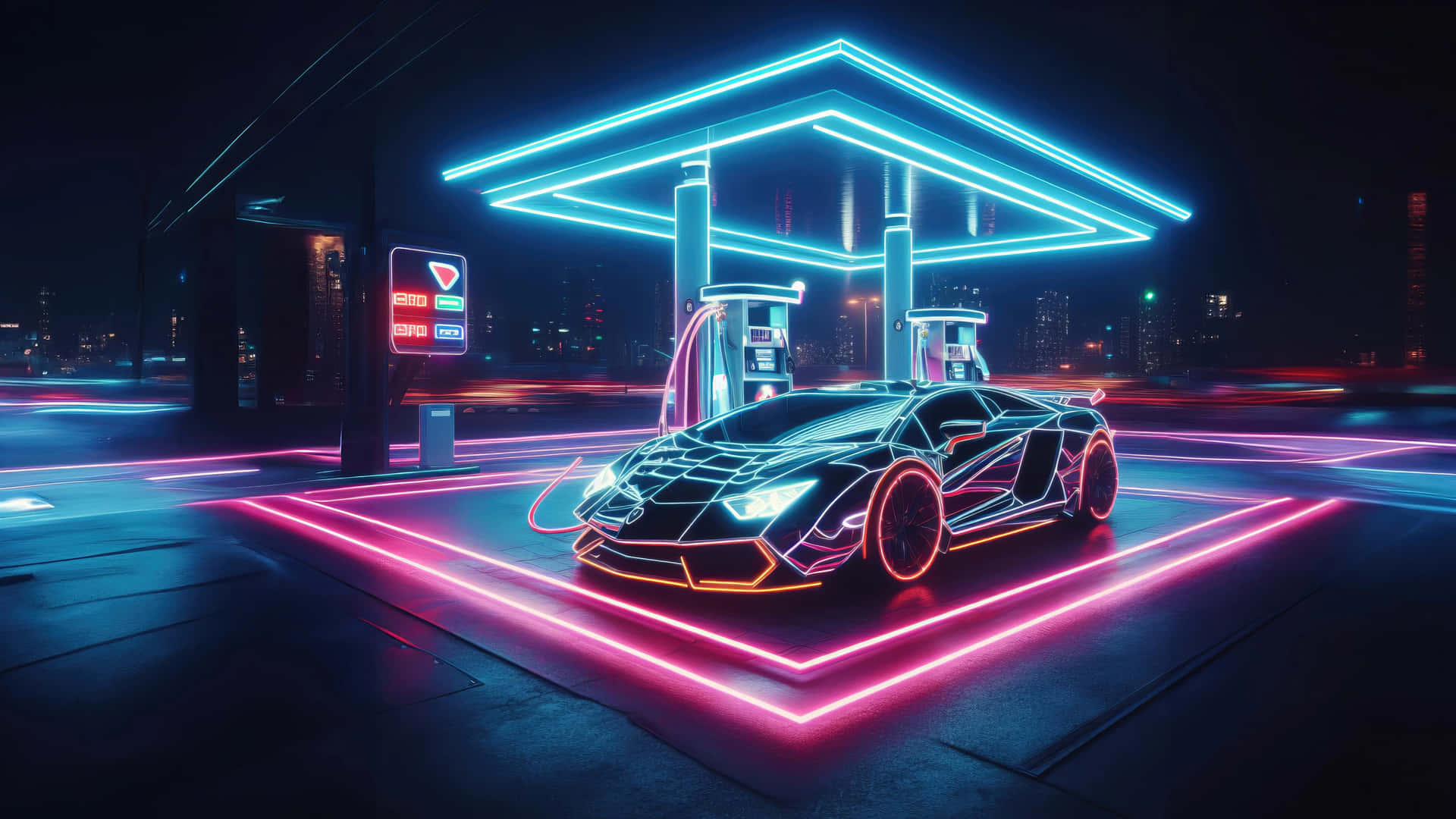 Neon Lit Futuristic Carat Gas Station Background