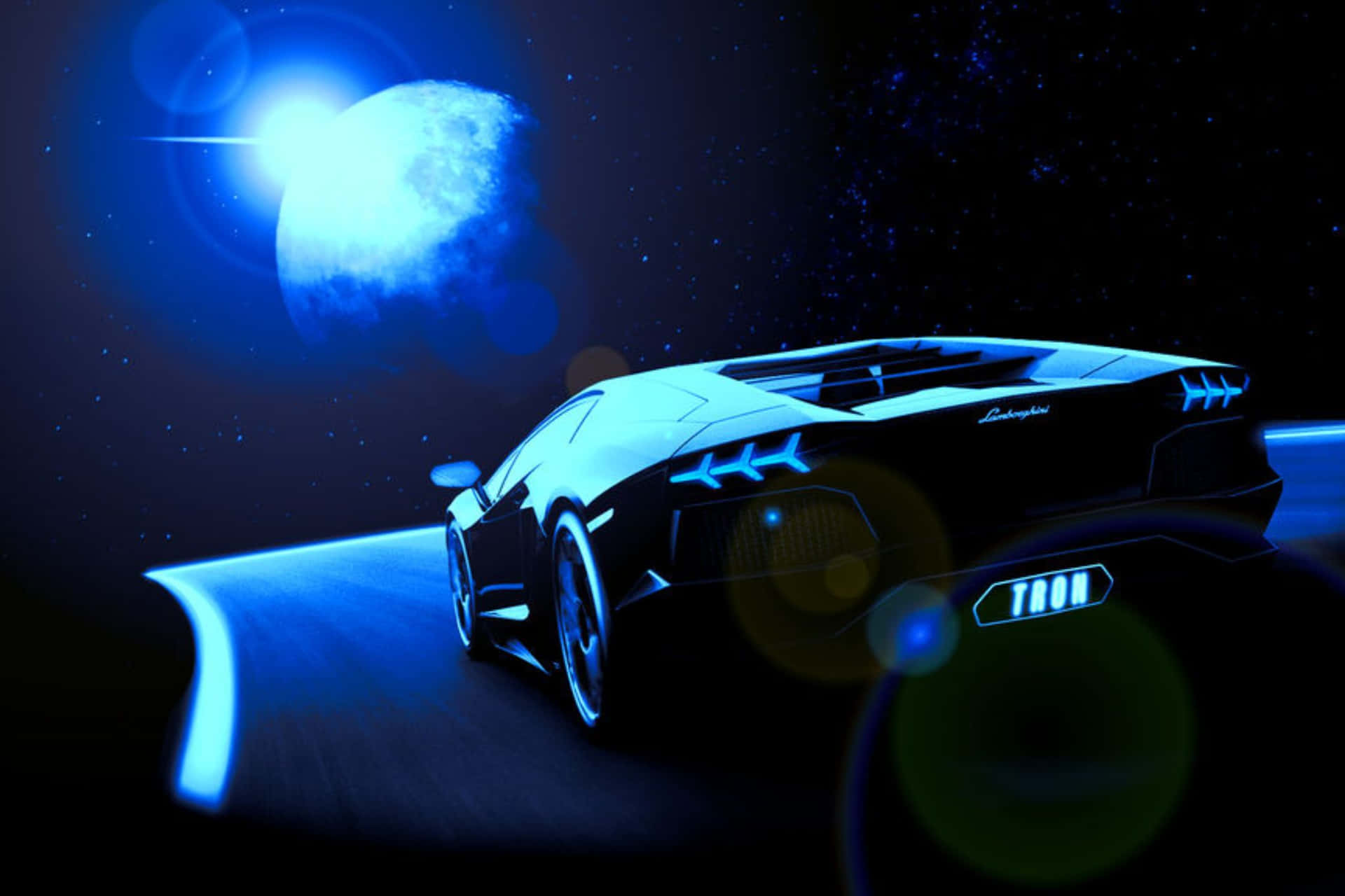 Neon Lit Lamborghini Under Moonlight Background
