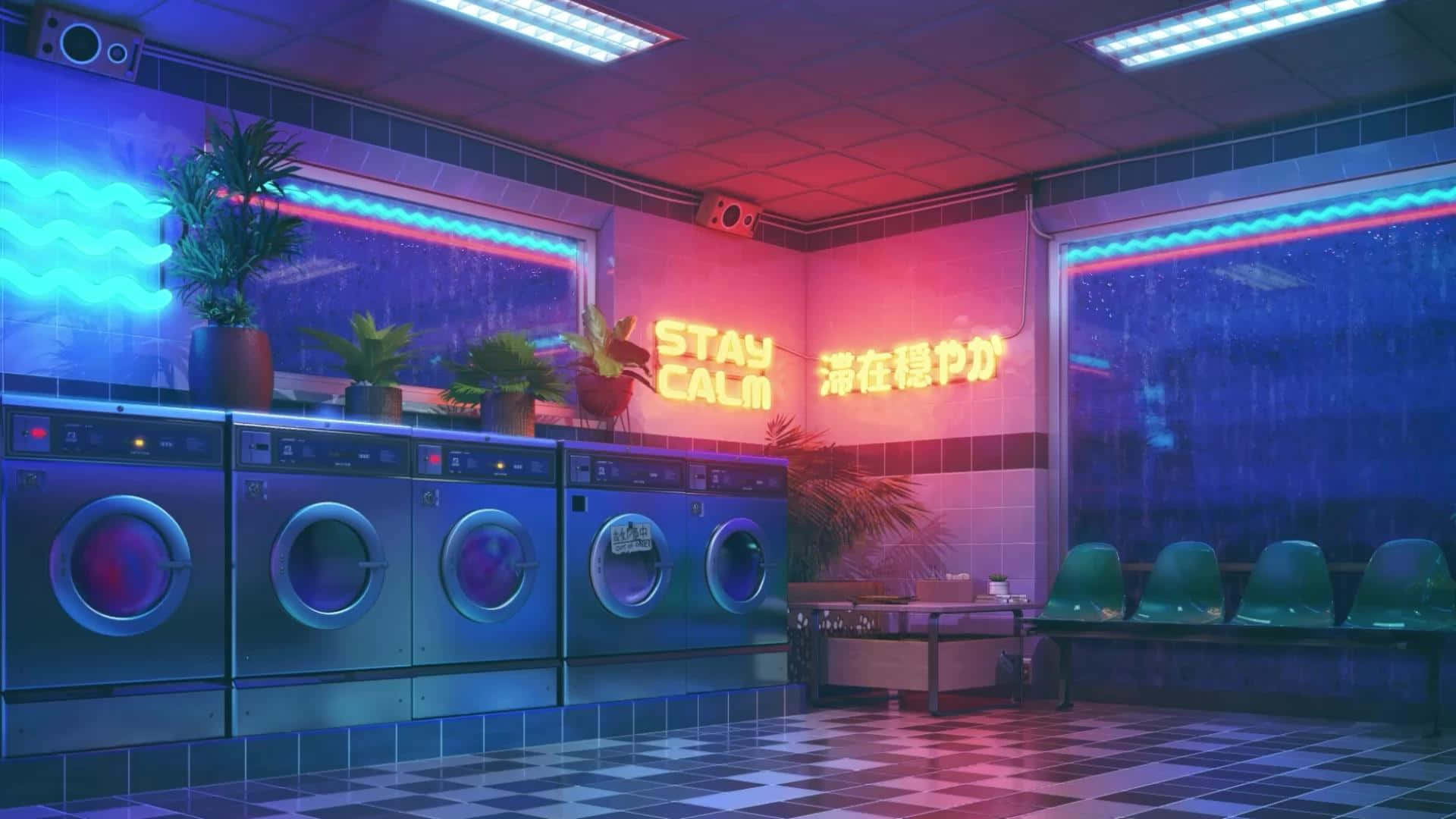 Neon Lit Laundromat Night Scene Background