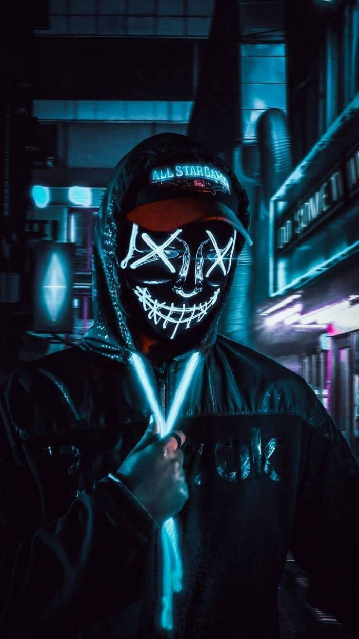 Neon Masked Man Hacker 3d Background