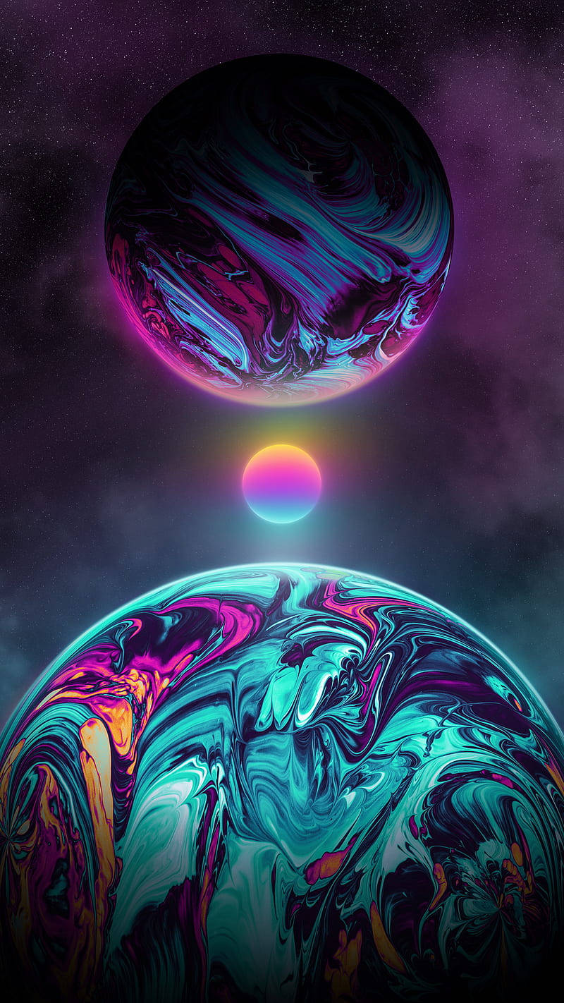 Neon Moon And Bright Planets Background