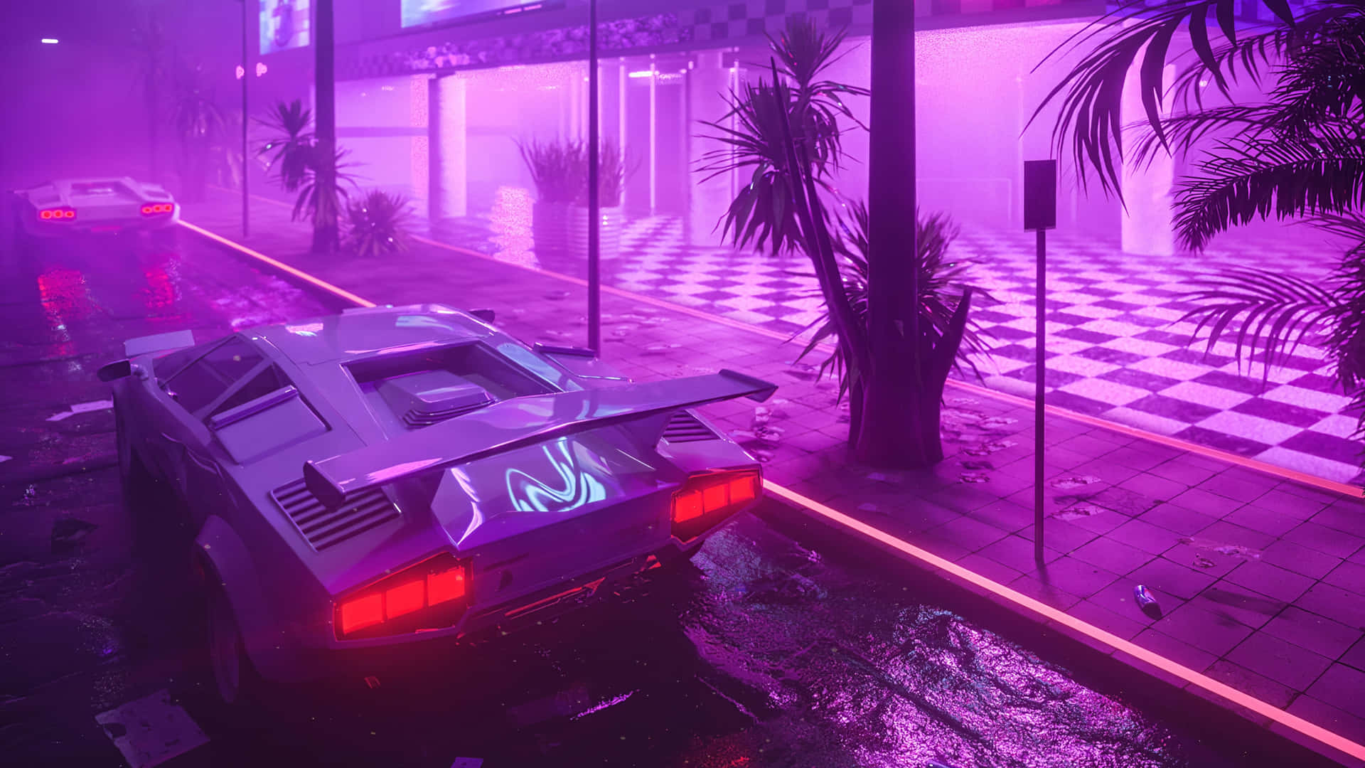 Neon Night Retro Cars Scene Background