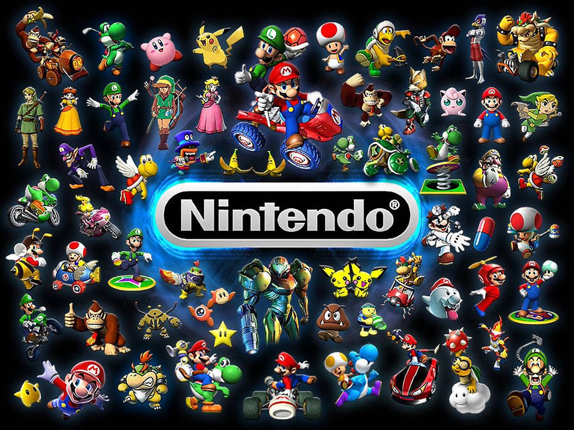 Neon Nintendo Logo With Characters Background