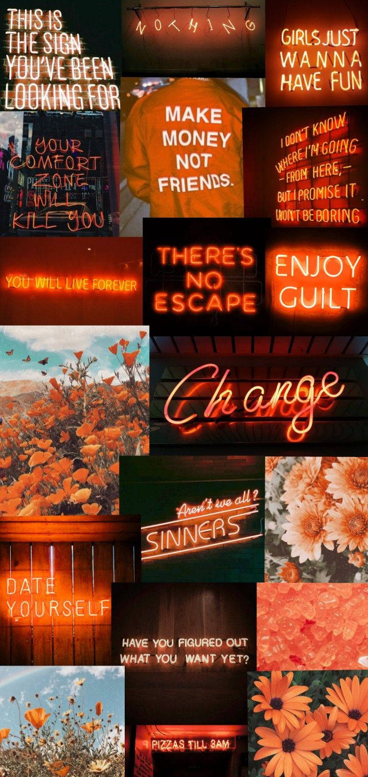 Neon Orange Aesthetic Collage Many Signs Background