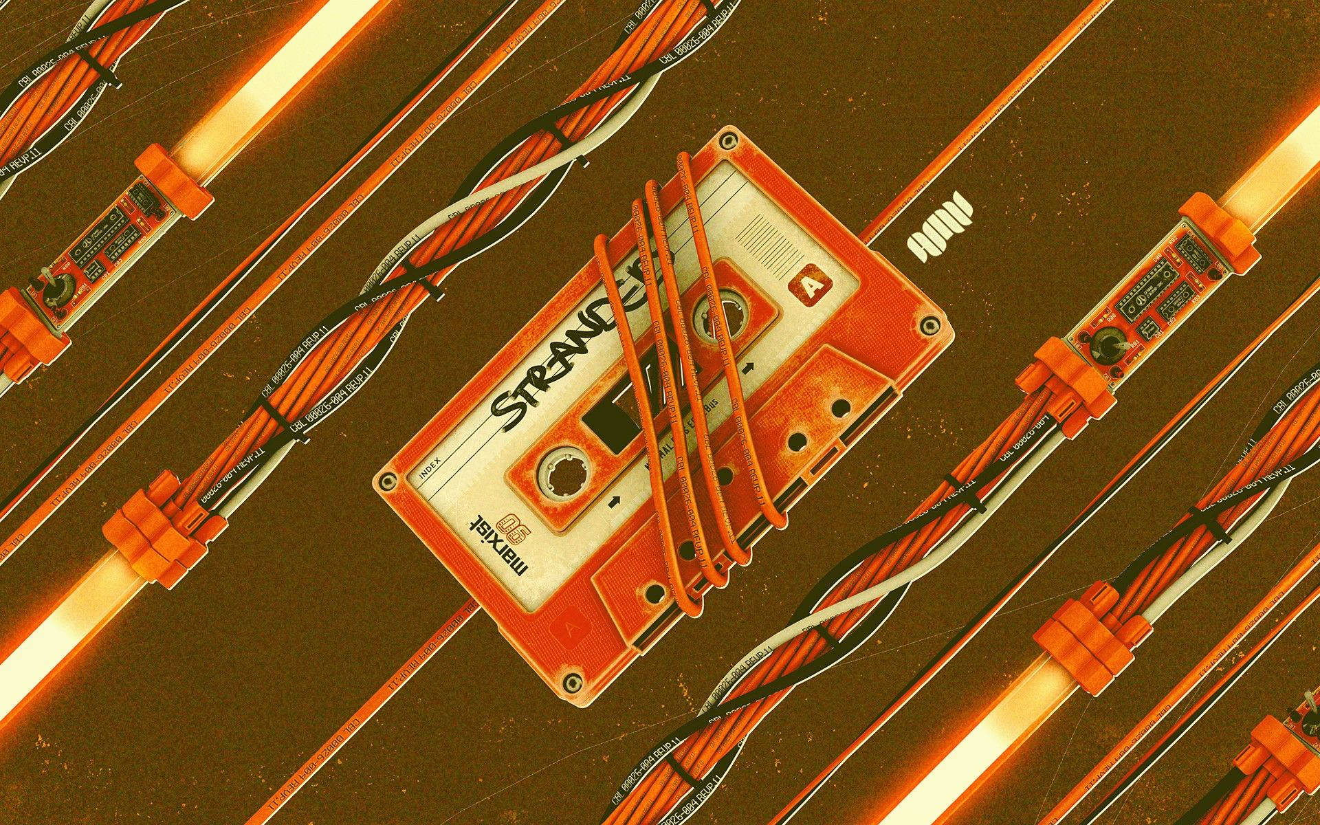 Neon Orange Cassette Tape With Wires Background