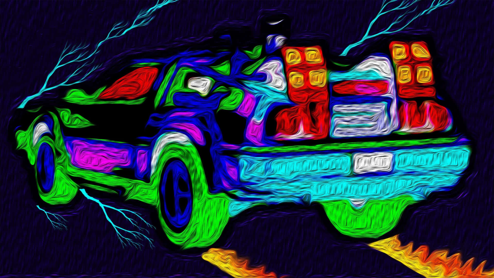 Neon_ Outlined_ Delorean_ Back_ To_ The_ Future Background