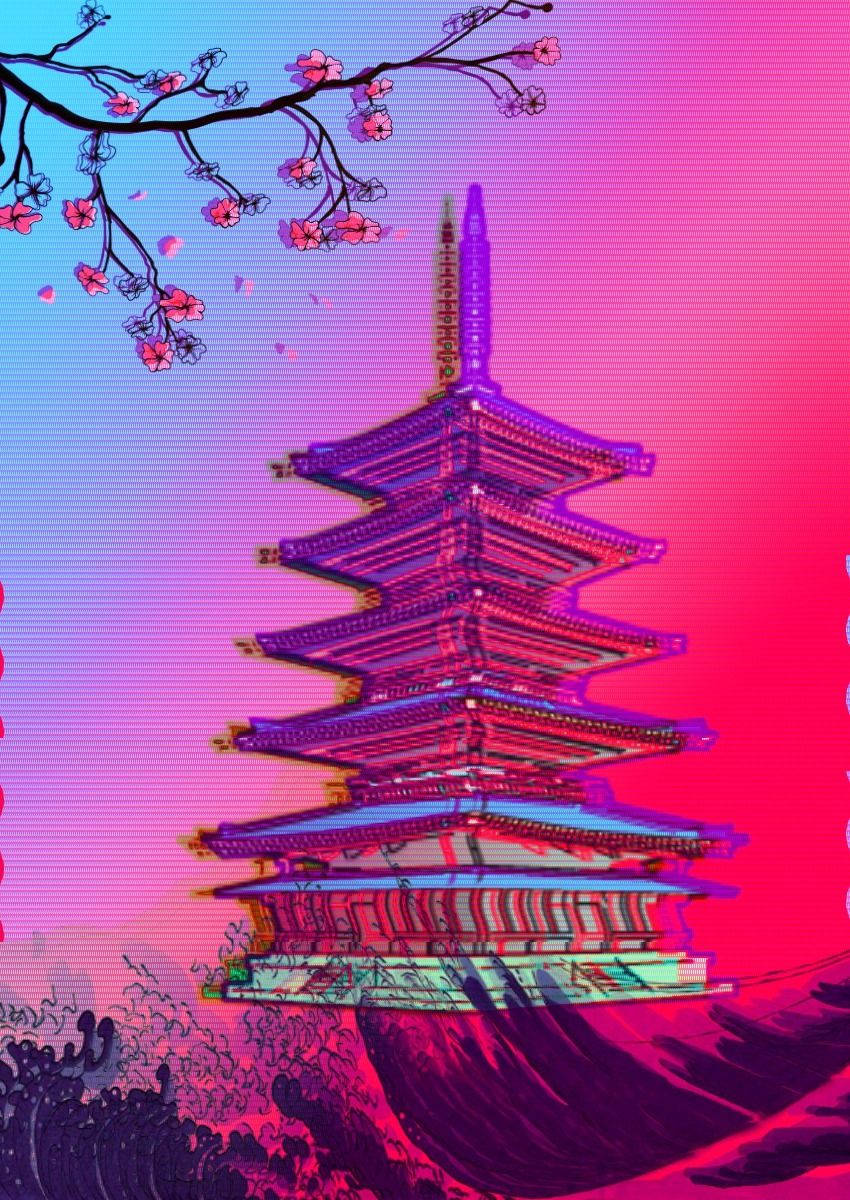 Neon Pagoda Retro Aesthetic Iphone Background