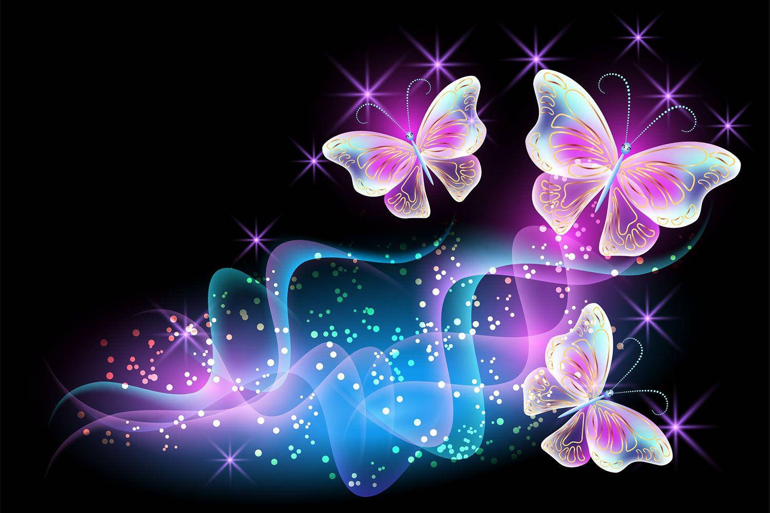 Neon Pink Butterflies With Blue Trails Background