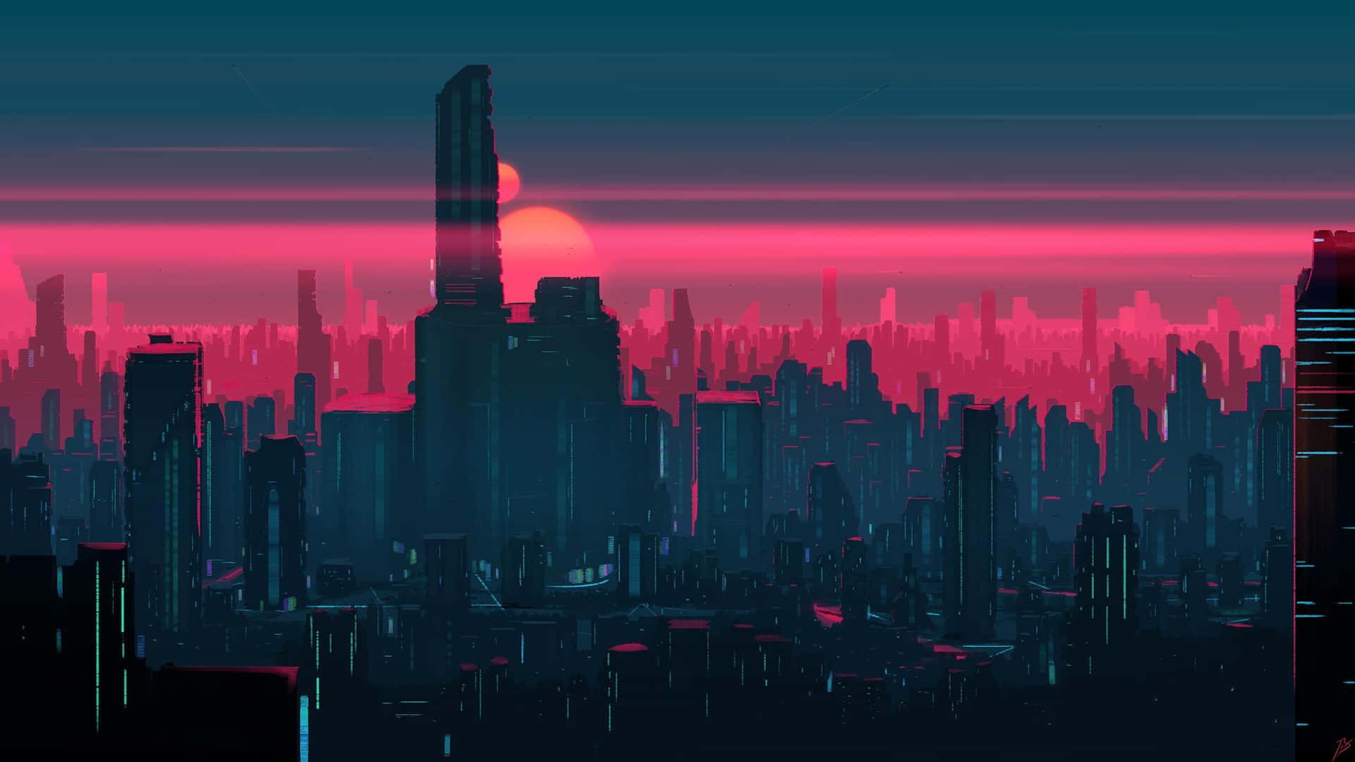 Neon Pink City Digital Art Background