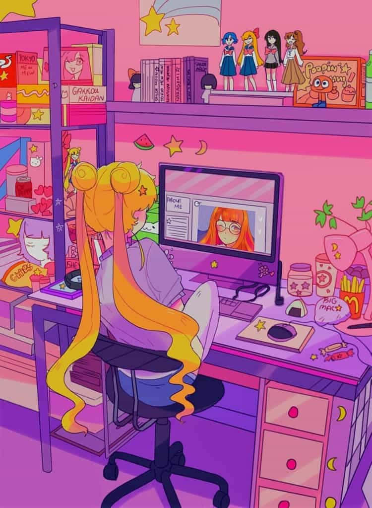 Neon Pink Sailor Moon 90s Anime Aesthetic Background