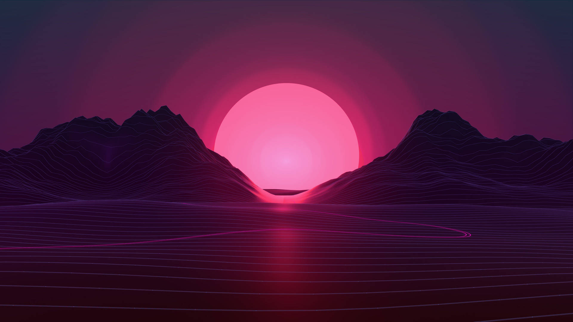 Neon Pink Sun Rising Between Mountains Background