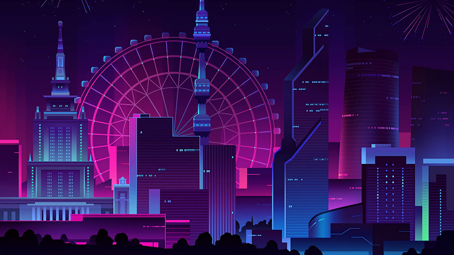 Neon Purple 4k City Ferris Wheel