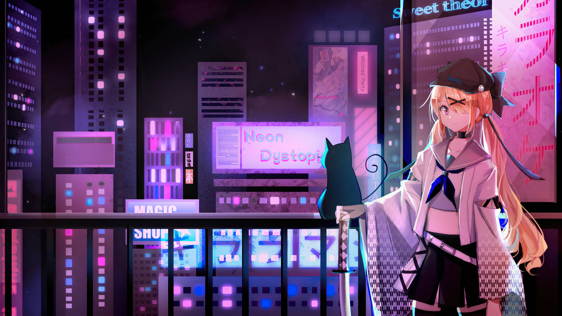Neon Purple Anime Girl And Cat Background