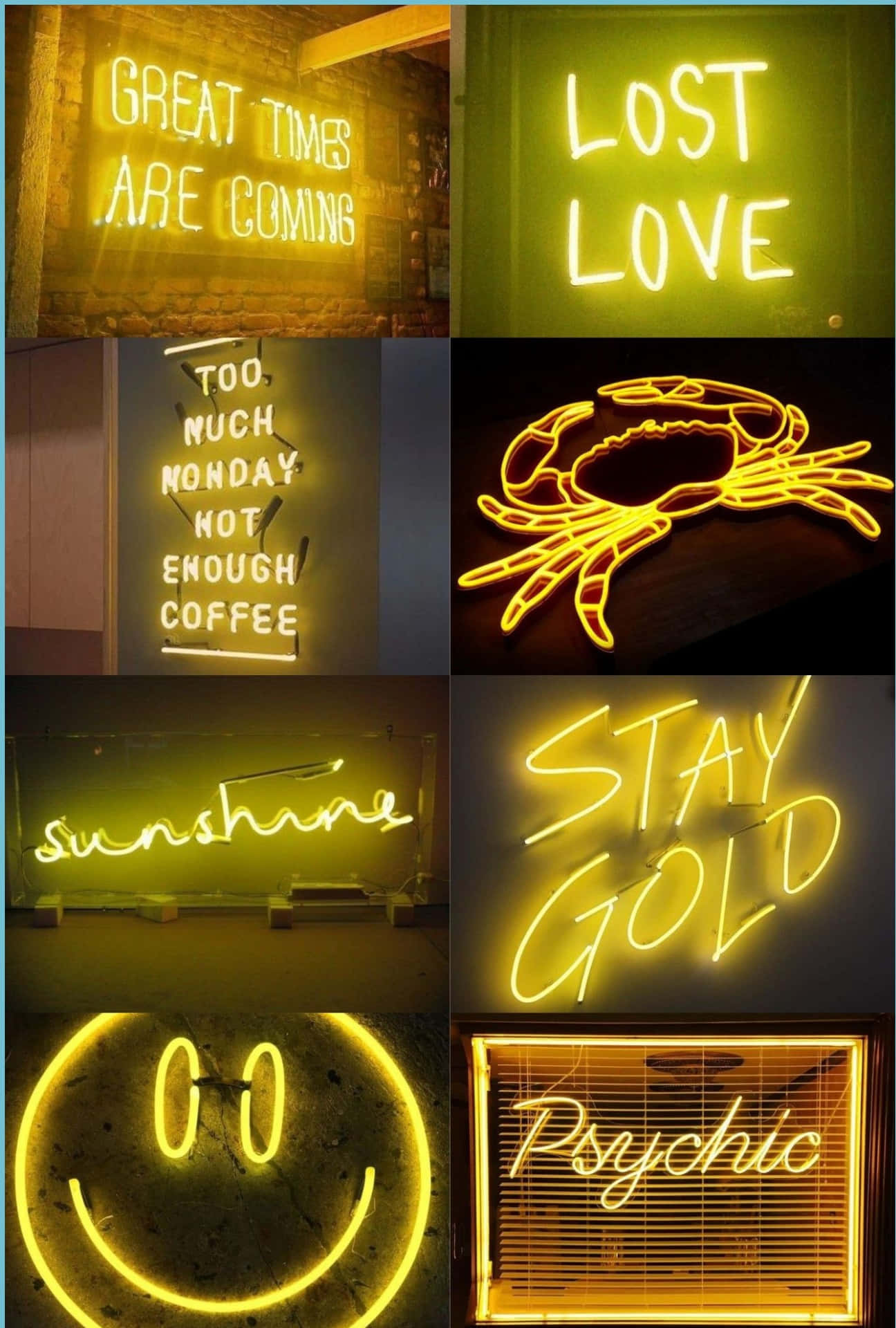 Neon Signs With Different Words And Faces Background