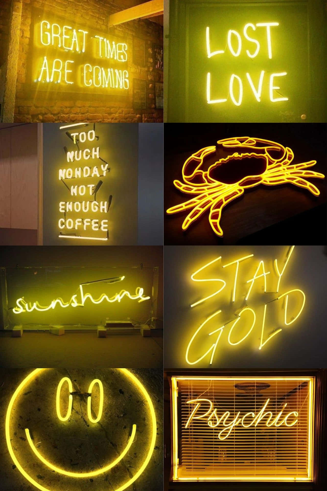 Neon Signs With Different Words And Faces Background