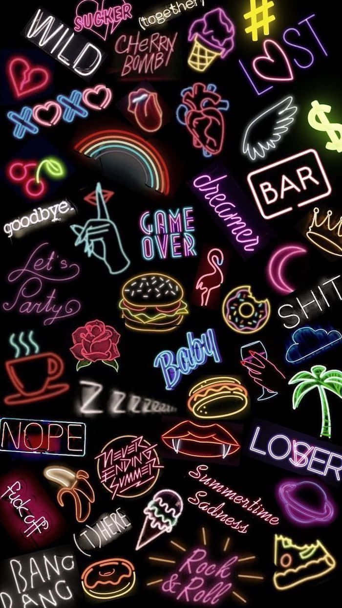Neon Signs With Different Words On A Black Background Background