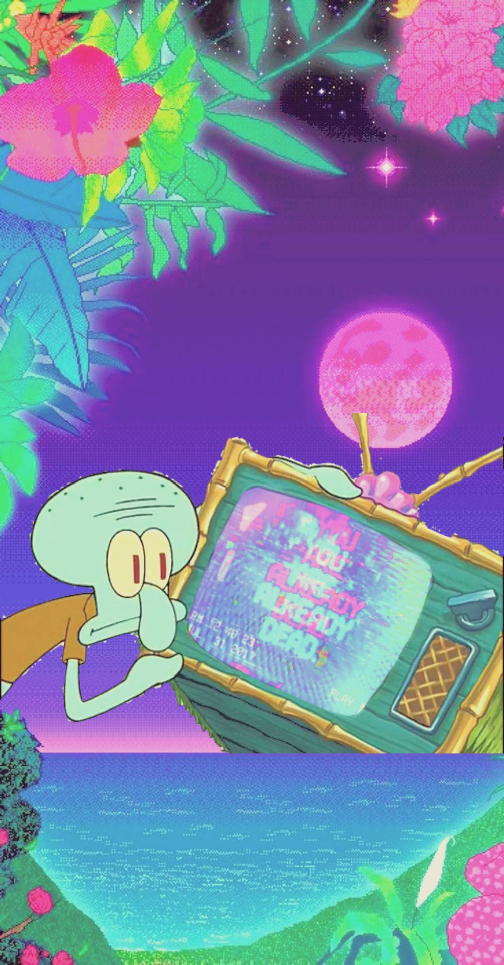 Neon Squidward Meme Phone Background