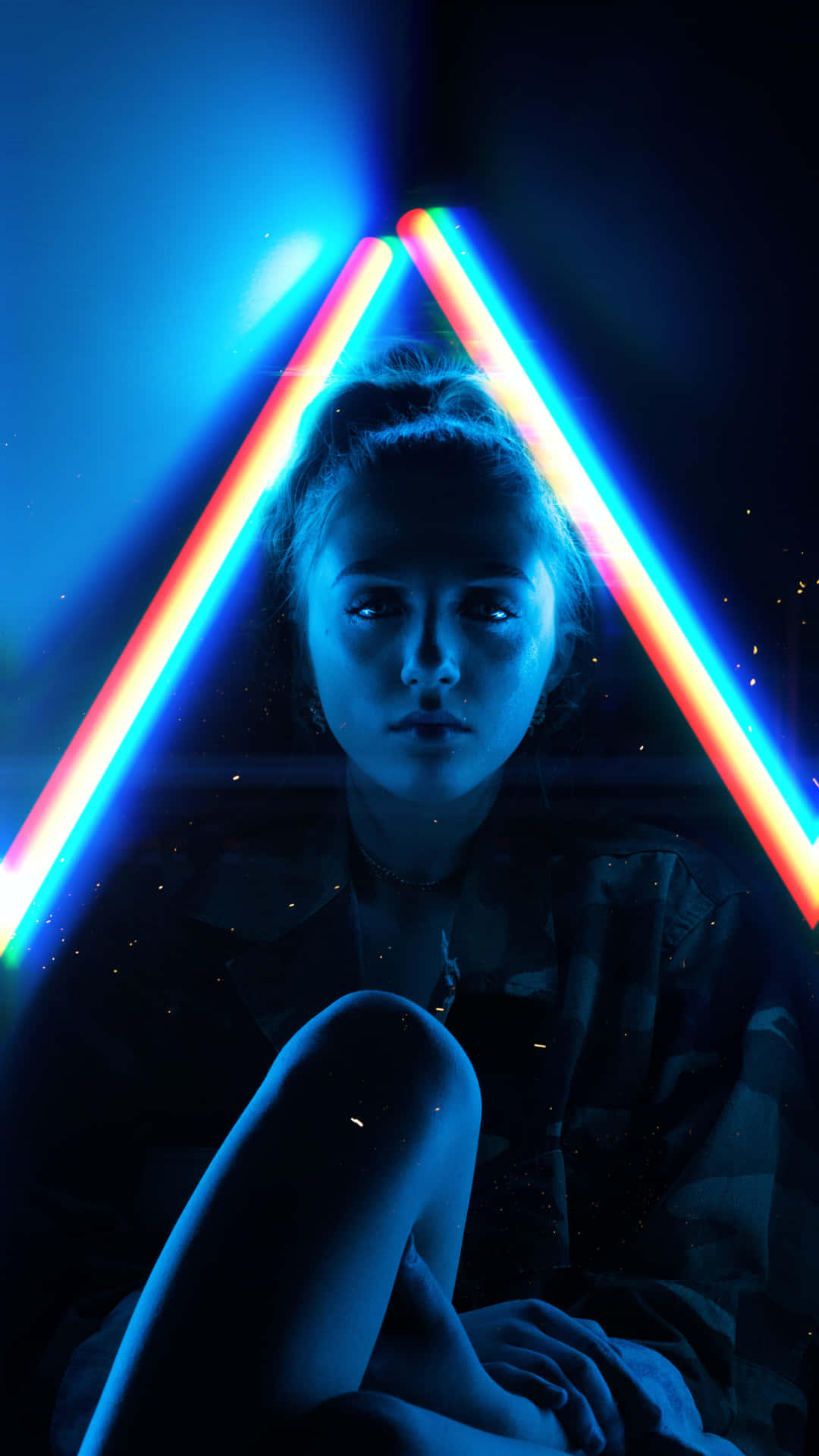 Neon Triangle Illuminated Woman Background