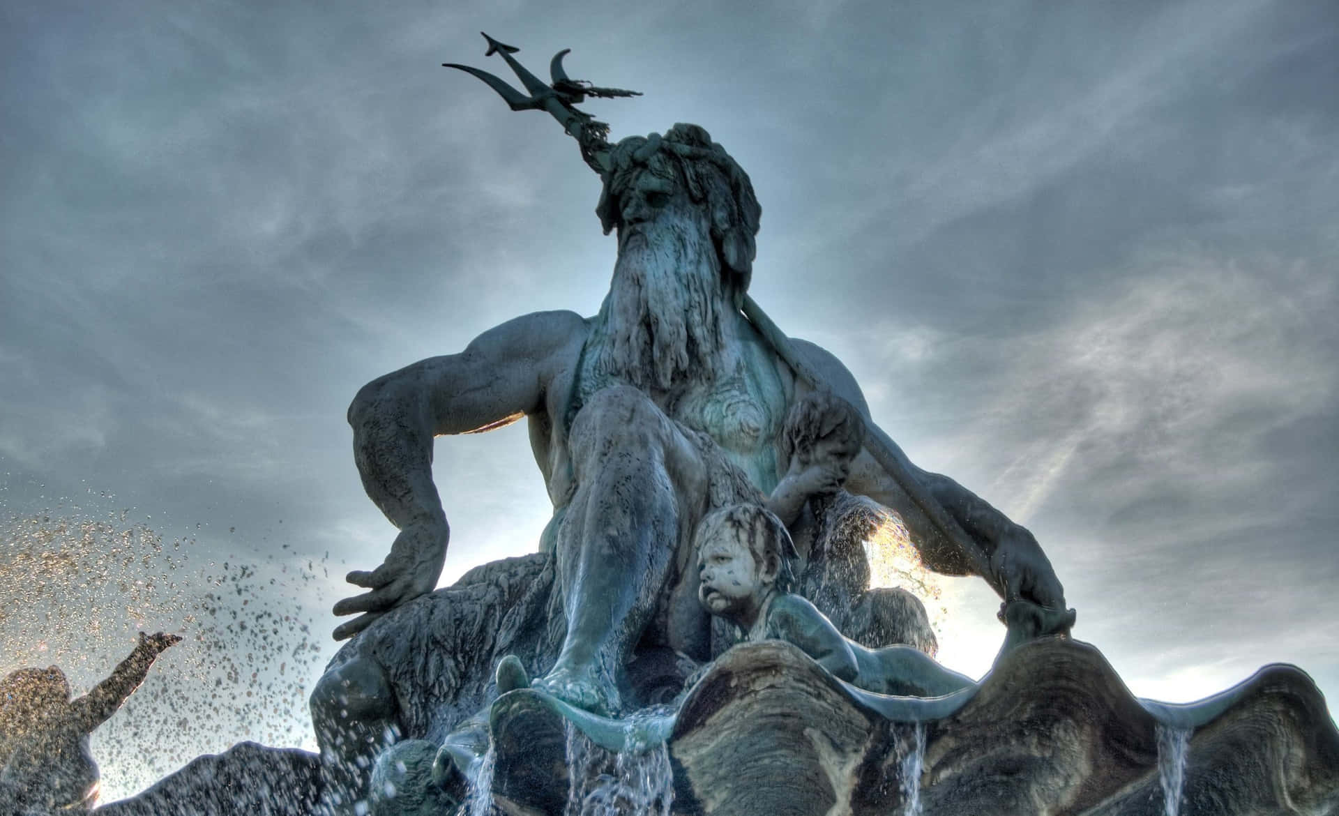 Neptune Fountain Statue Sunset Background