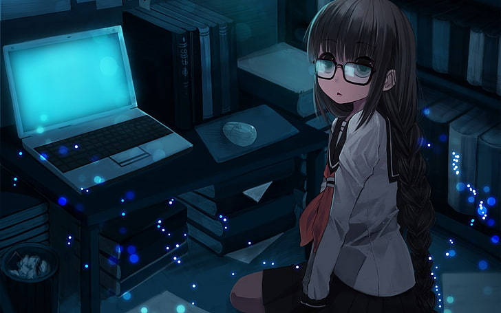 Nerd Anime Girl In Front Of Laptop Background