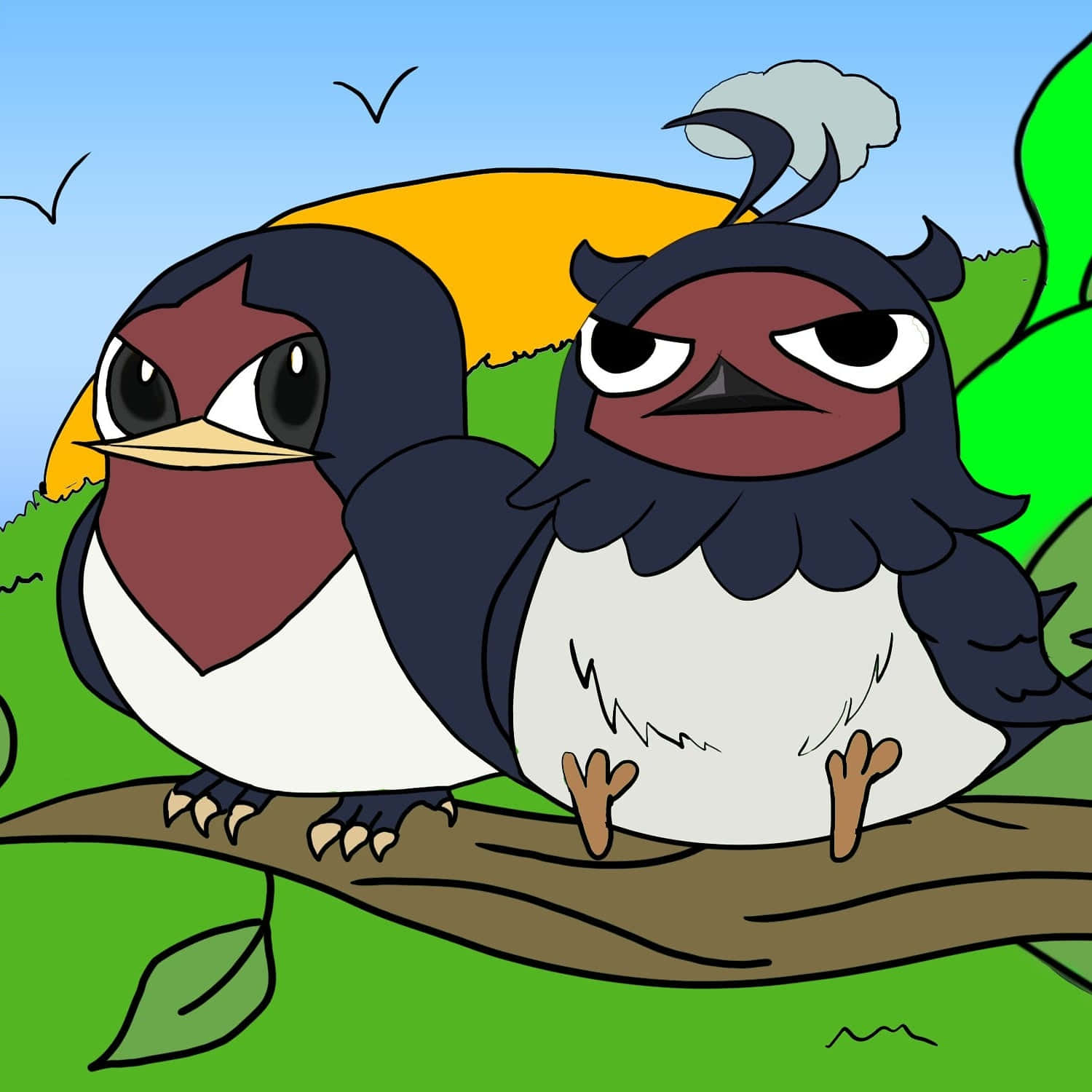 Nero And Taillow Enjoying A Peaceful Moment On A Tree Branch Background