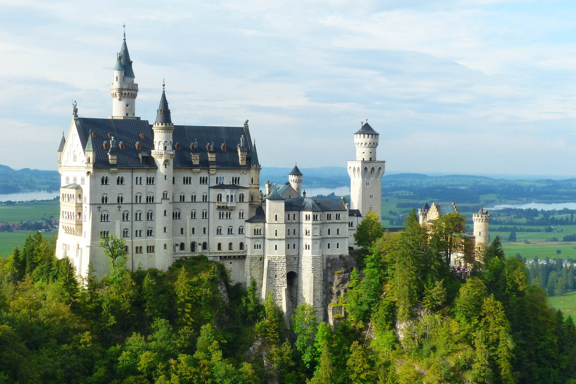 Neuschwanstein Castle Blue Sky Green Trees Background