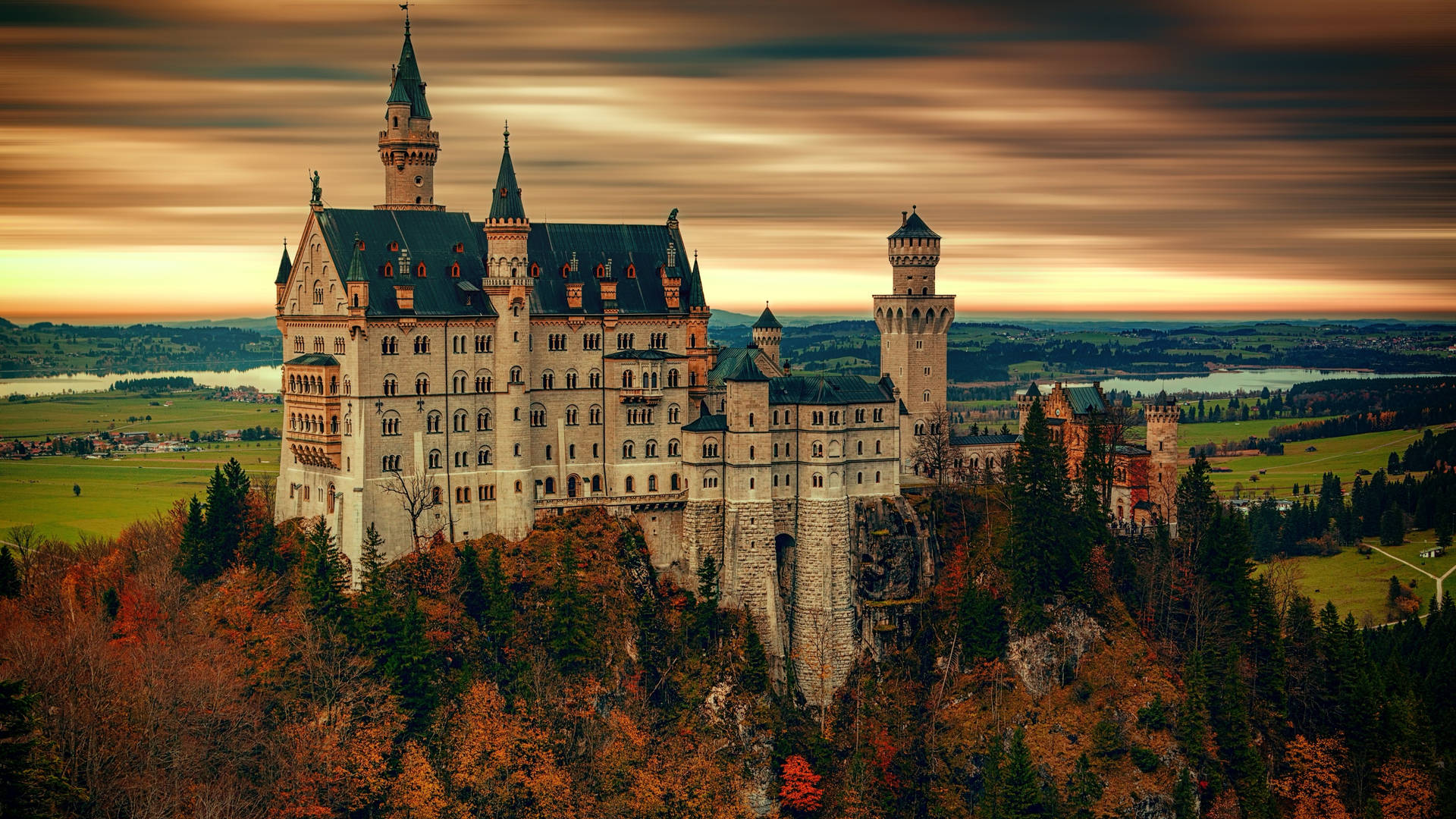 Neuschwanstein Castle Dark Sunset Clouds Background