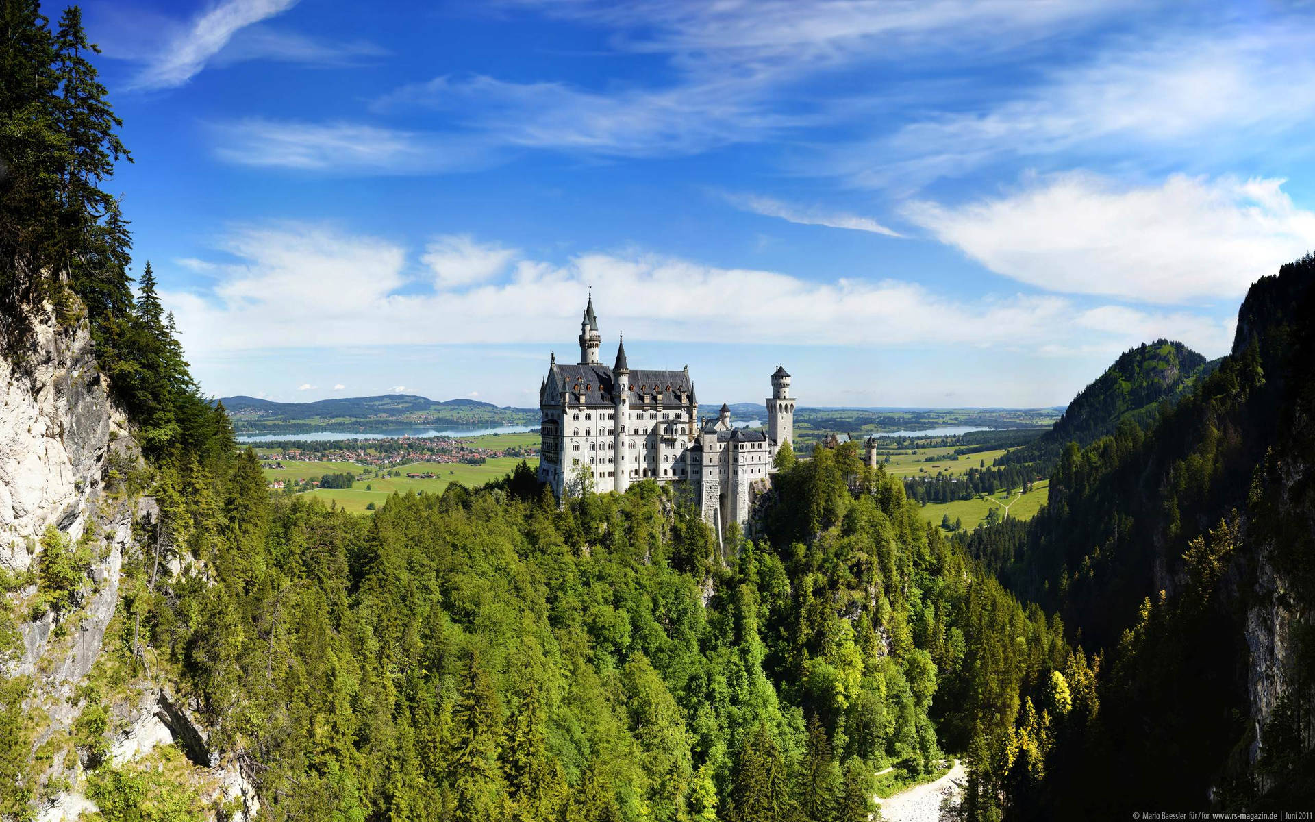 Neuschwanstein Castle Green Trees Distant Background