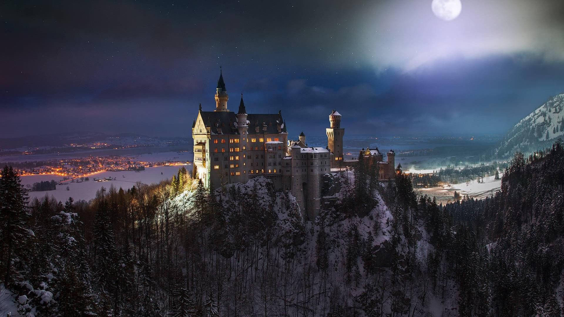 Neuschwanstein Castle Moonlit Night Background