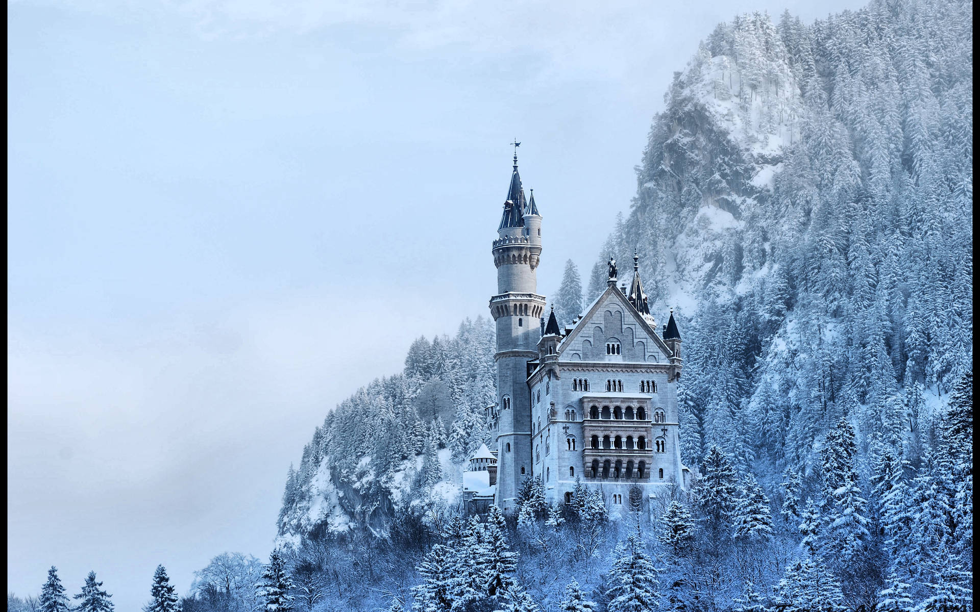 Neuschwanstein Castle On Snowy Mountain Background