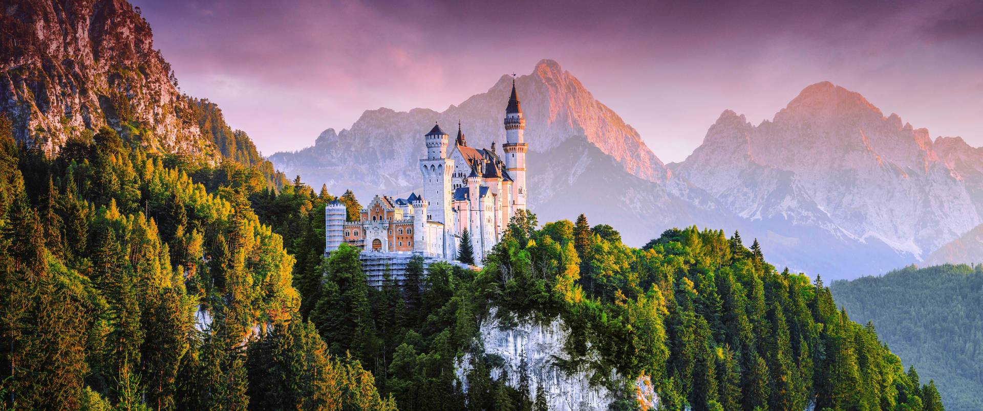 Neuschwanstein Castle Pink Sky Mountains Background