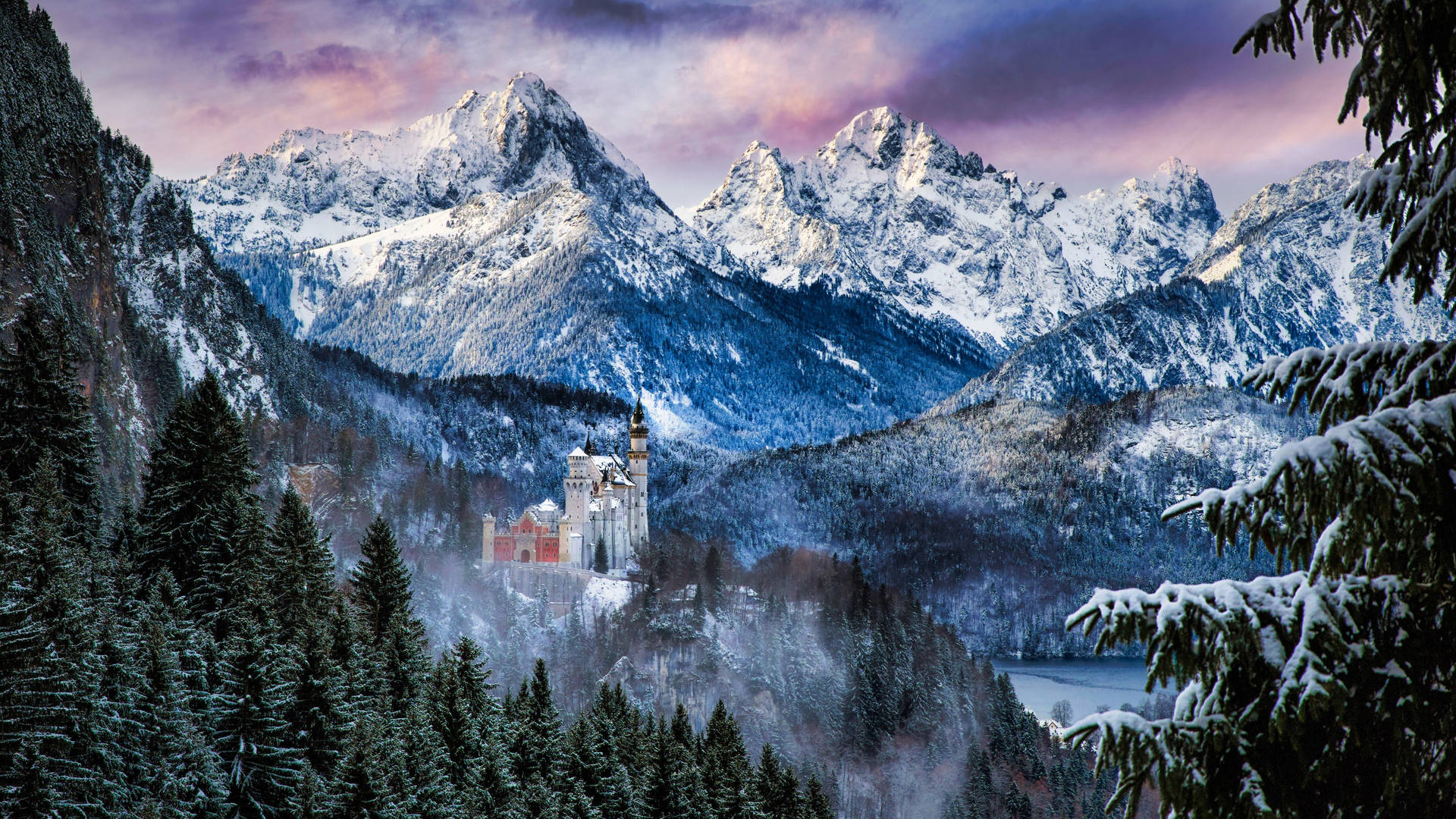 Neuschwanstein Castle Pink Sky Winter Background