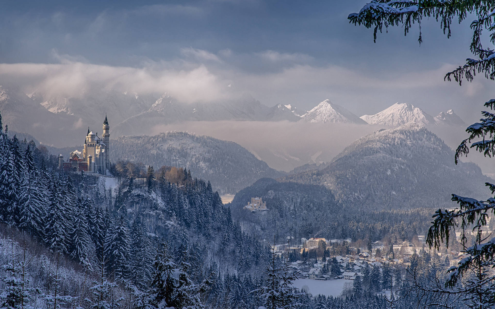 Neuschwanstein Castle Winter Mountains Horizon Background