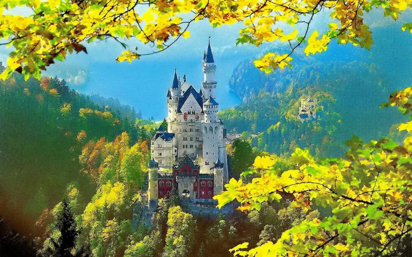 Neuschwanstein Castle Yellow Leaves Background