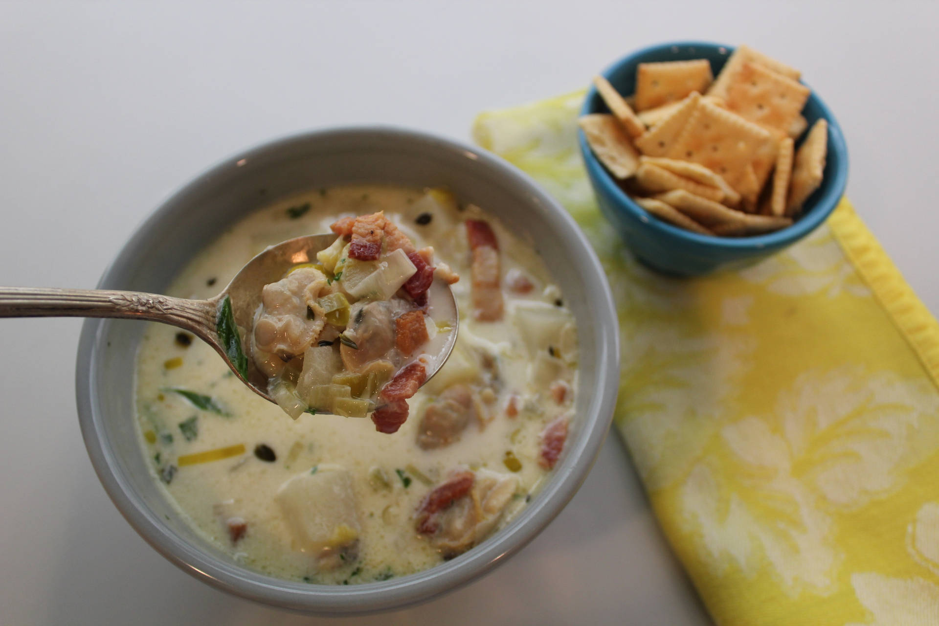 New England Clam Chowder And Square Biscuits Background