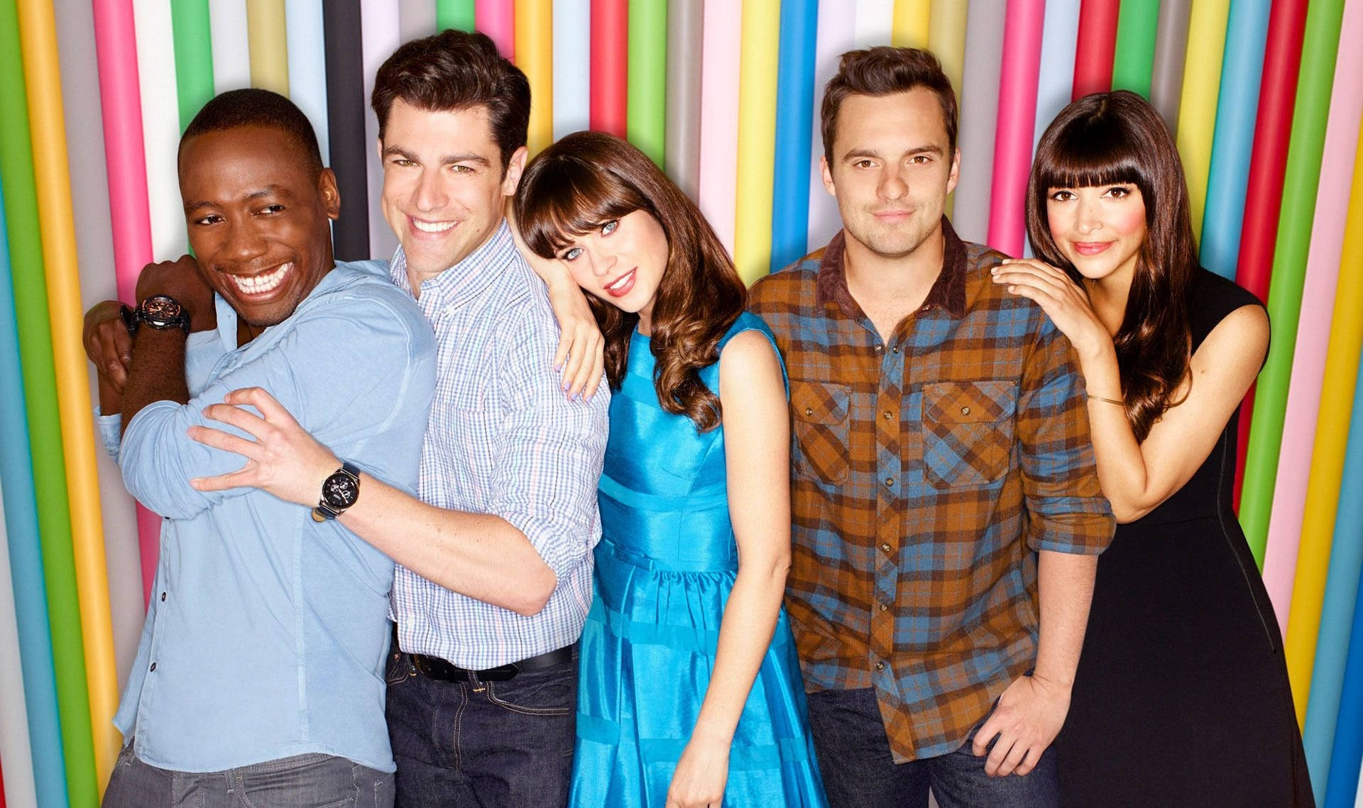 New Girl Sitcom Cast Behind Colorful Pipes Background