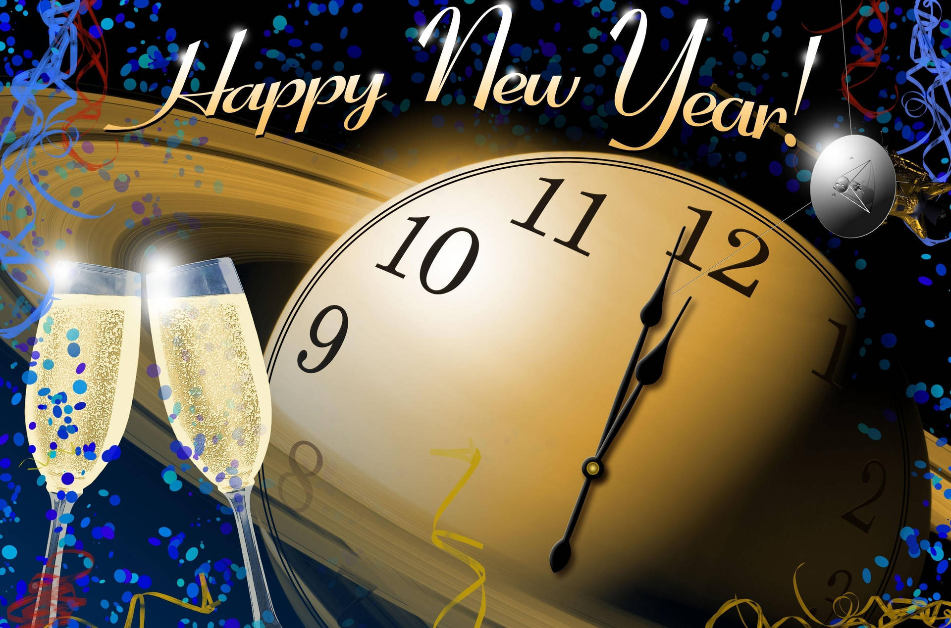 New Year Big Clock Wine Glasses Background