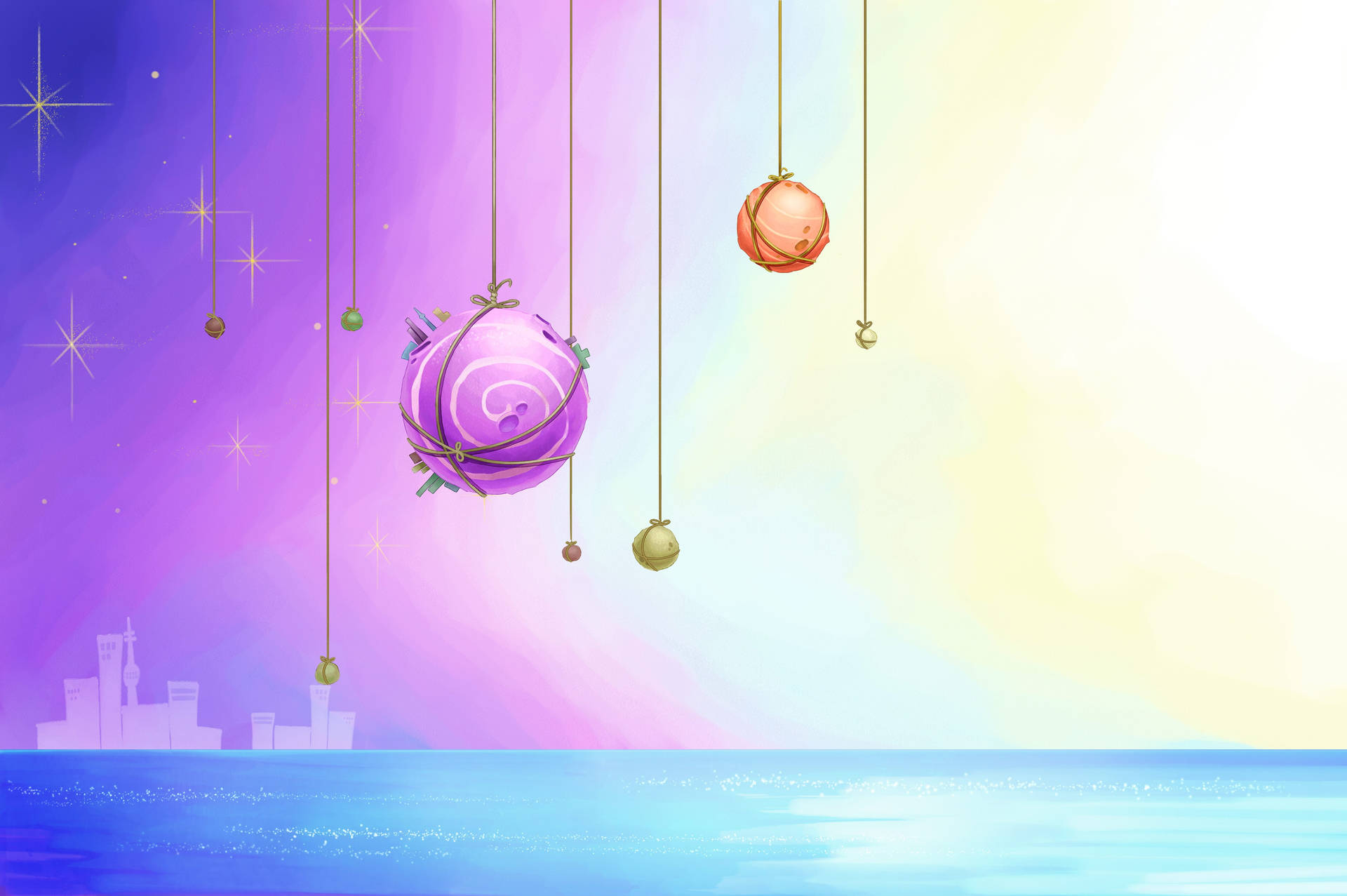 New Year's Balls Decor Hanging Above The Sea Background