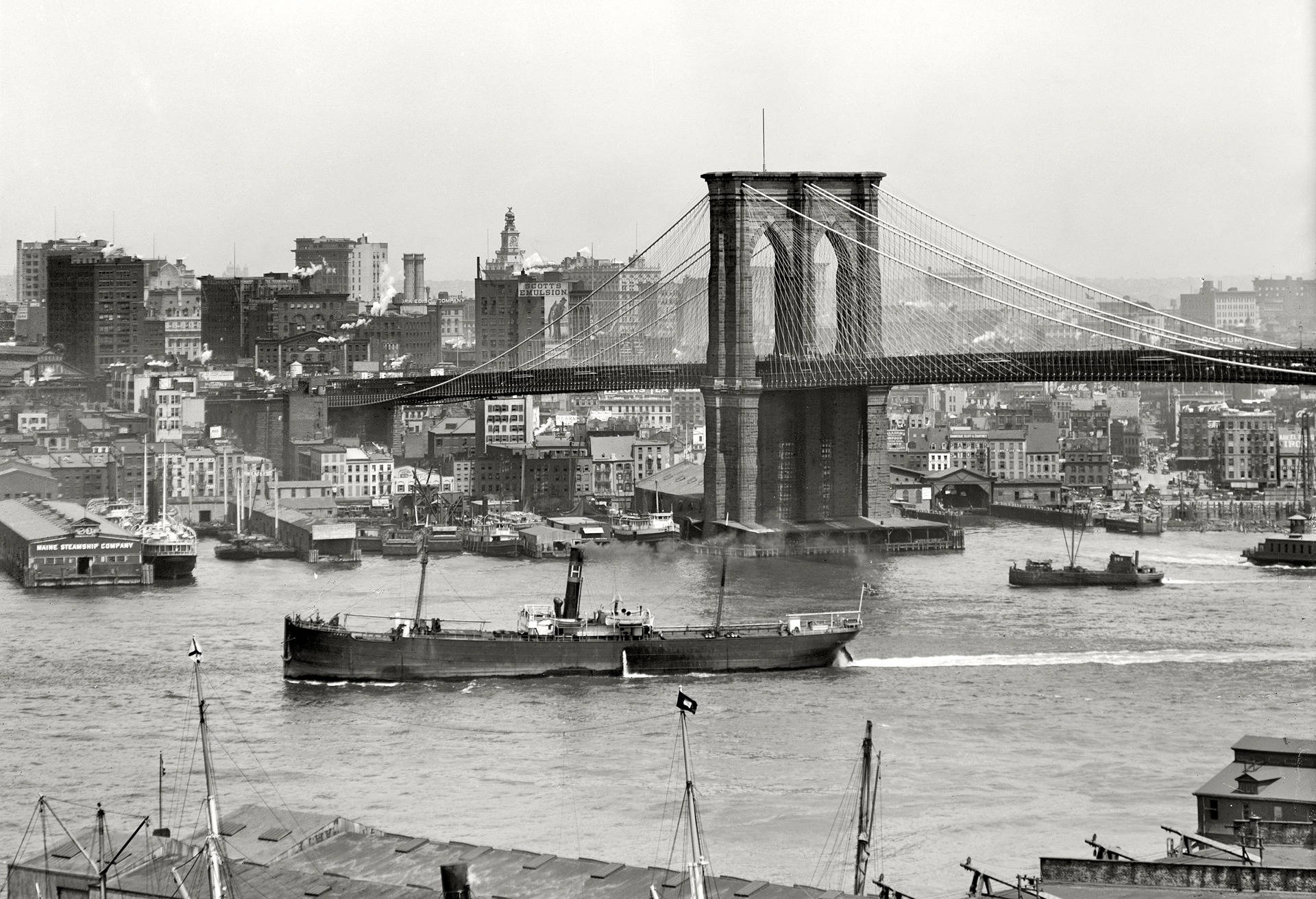 New York Black And White Old Brooklyn Bridge Background