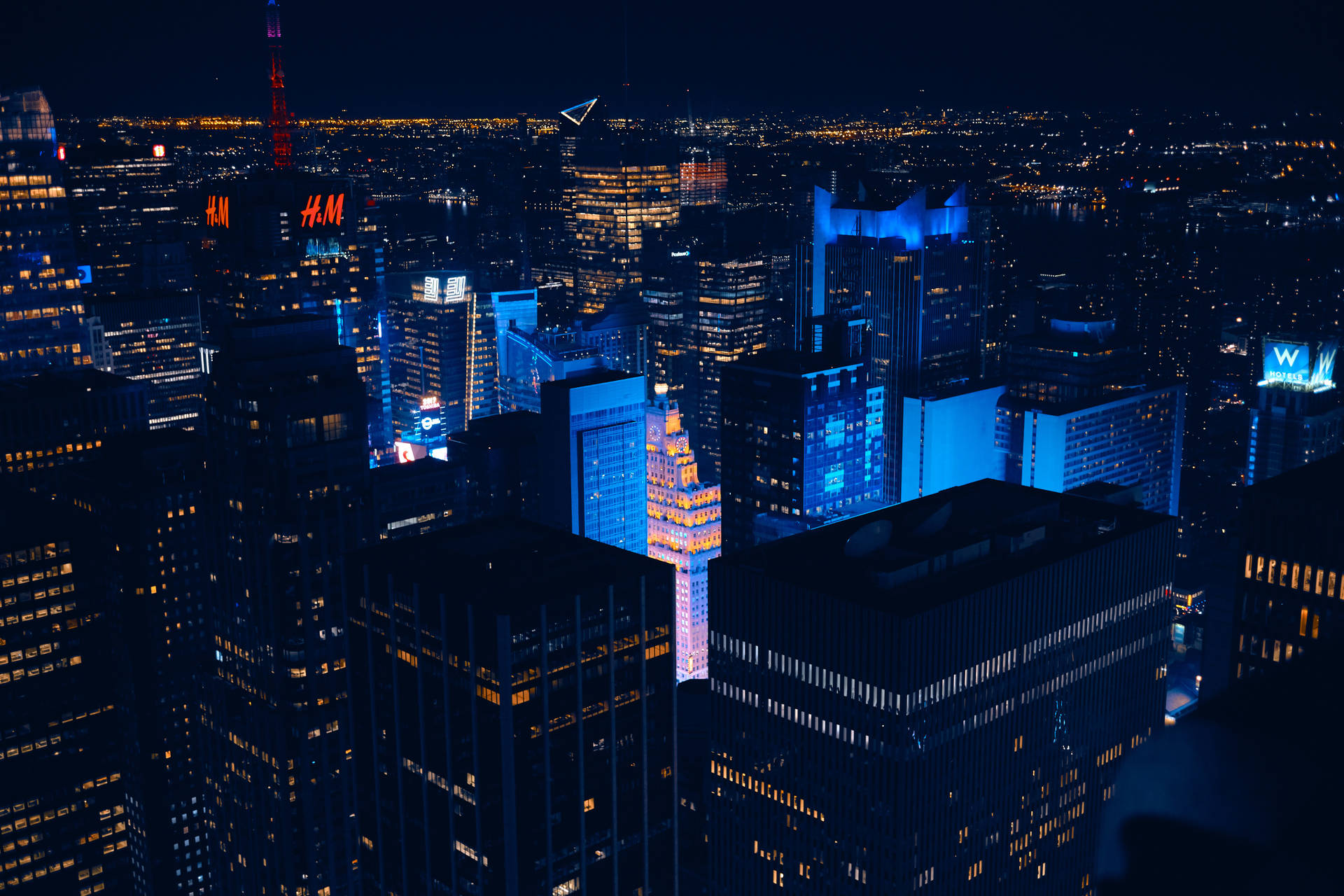 New York City Night Neon Blue Skyscrapers Background