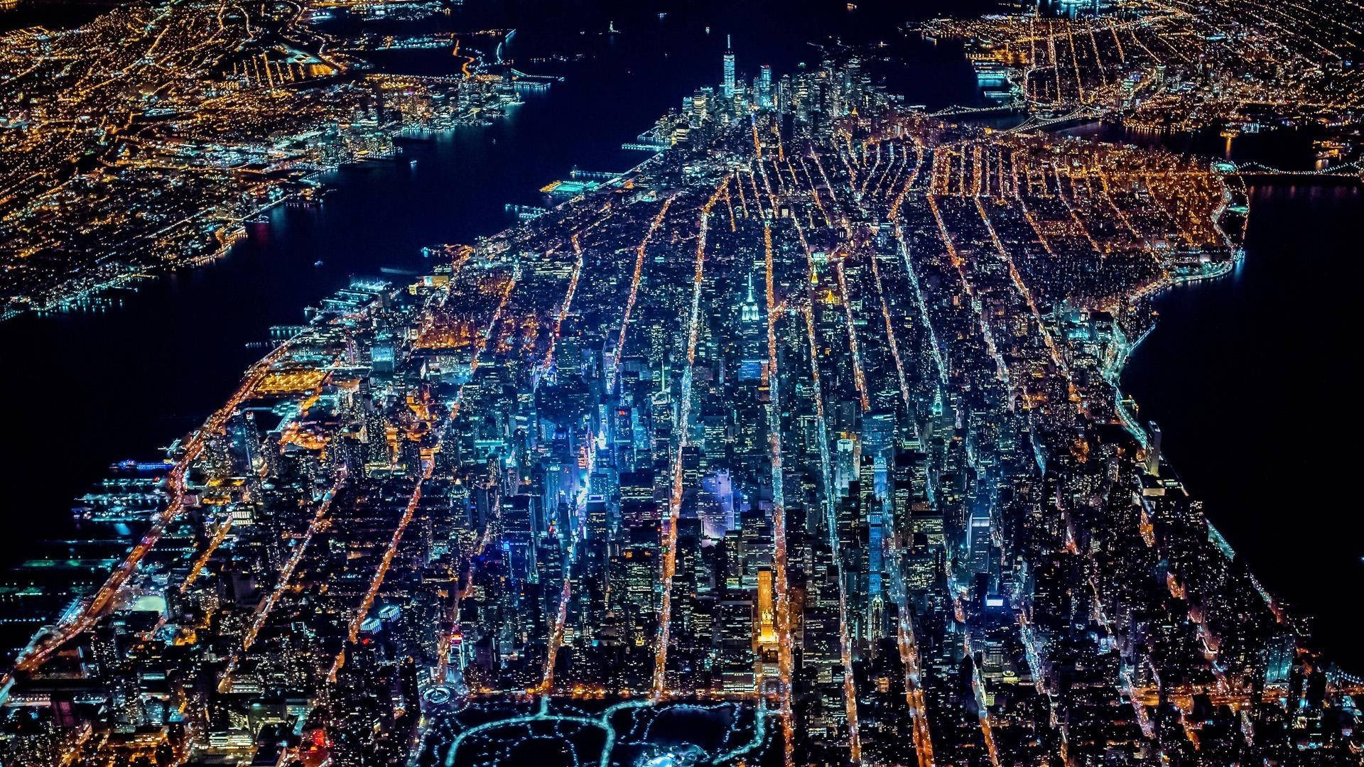 New York City Night View Drone Shot Background
