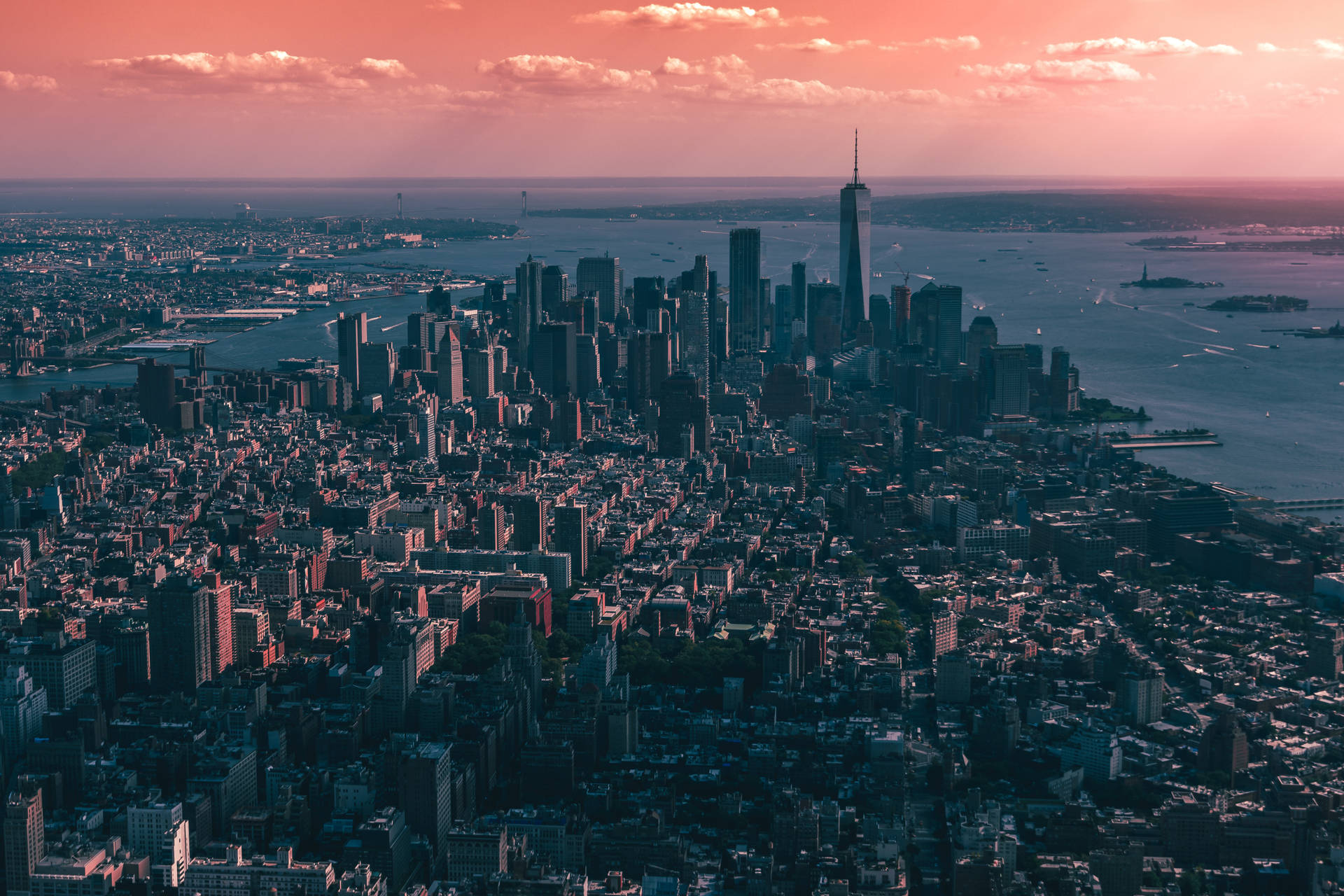 New York Cityscape Red Sky Aerial View Background