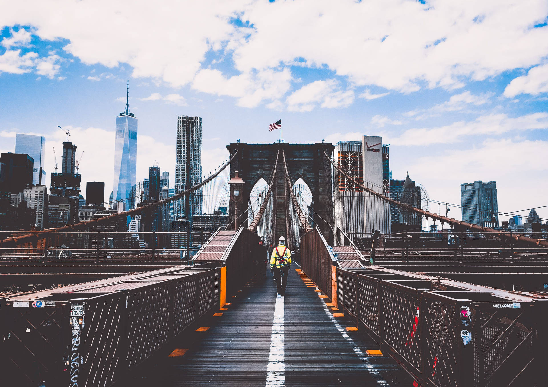 New York Hd Walking On Brooklyn Bridge Background