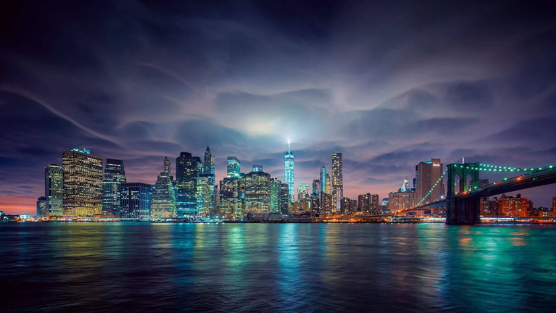 New York Night With Brooklyn Bridge