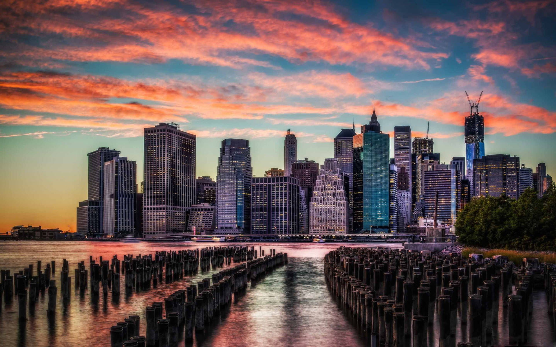 New York Skyline With Orange Clouds Background